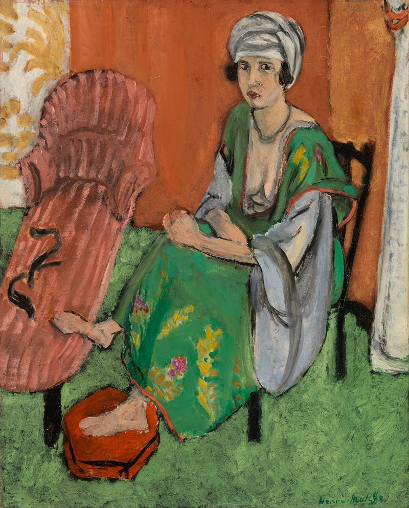 Henri Matisse's 'The Green Dress' features a woman in a vibrant green dress against a colorful background.