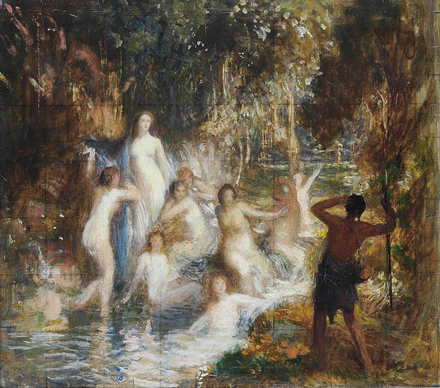 This painting depicts allegorical figures in a serene stream setting.