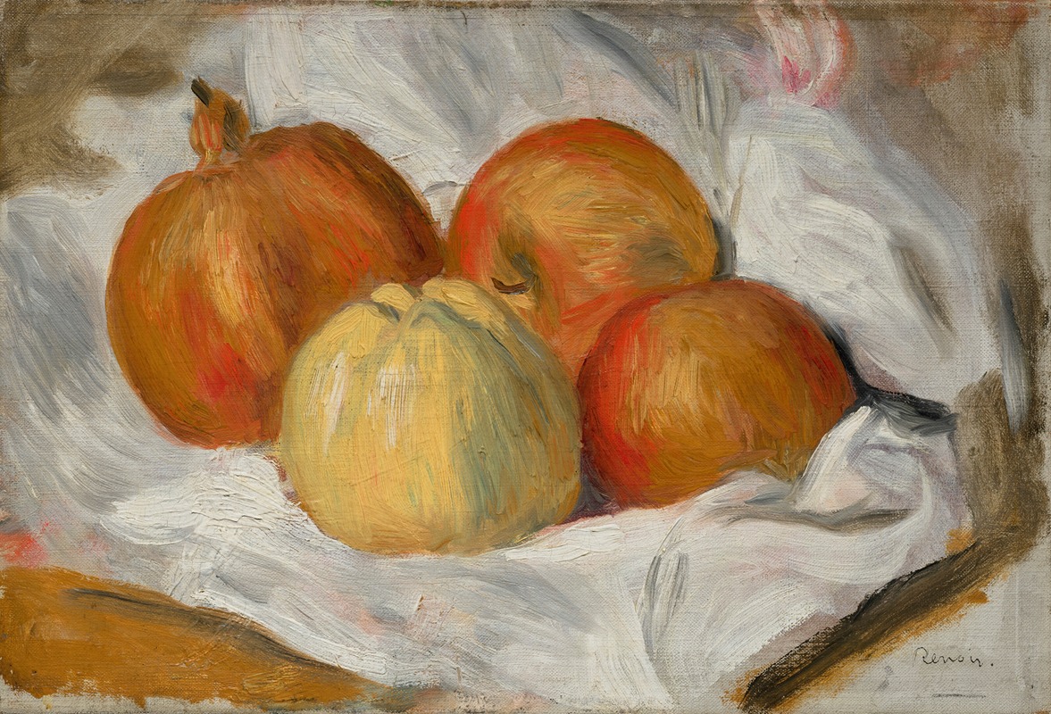 Still life painting featuring apples, quince, and pomegranate.