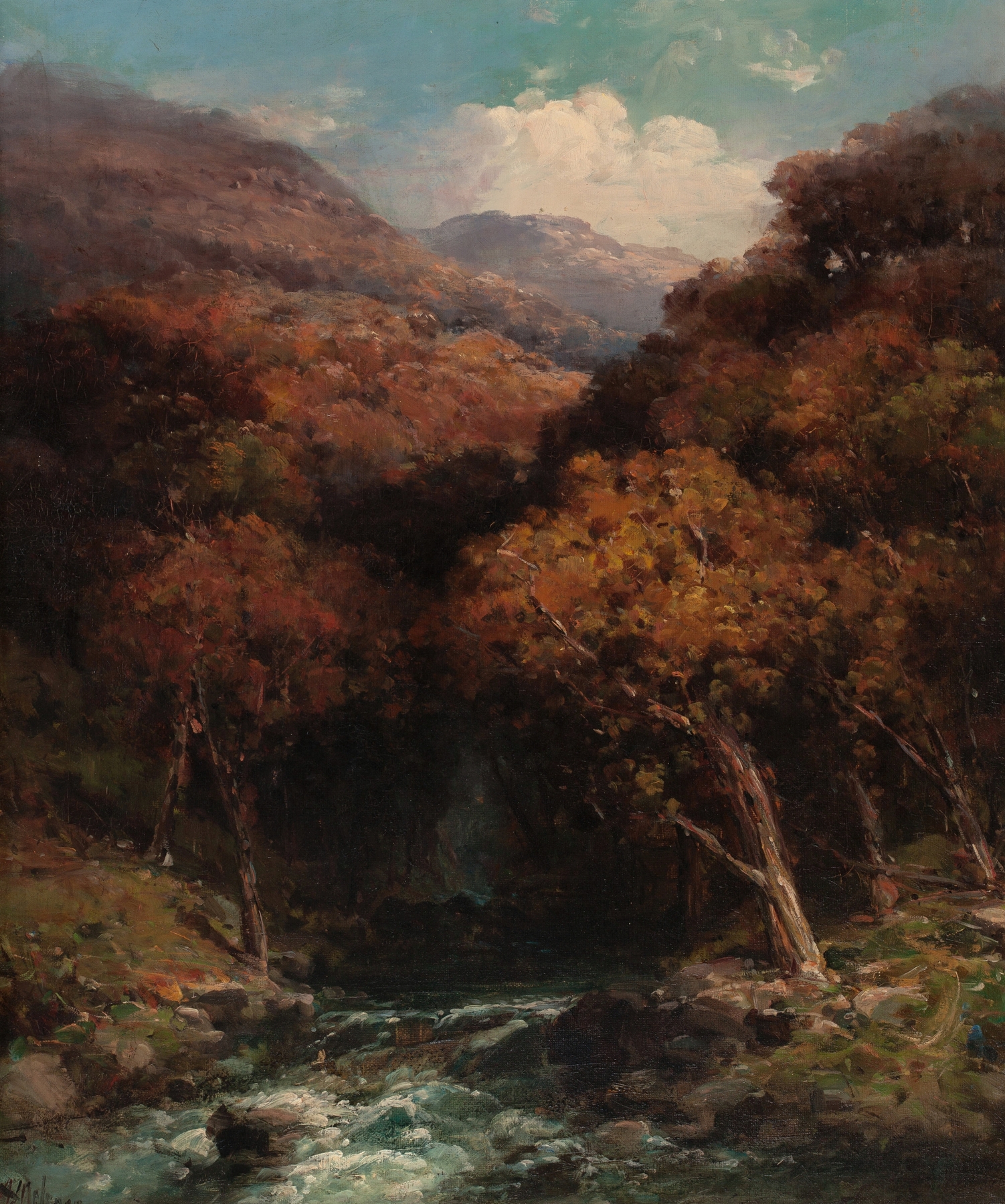 Forest Creek Bed by Andrew Melrose, oil on canvas depicting a serene creek in a forest.