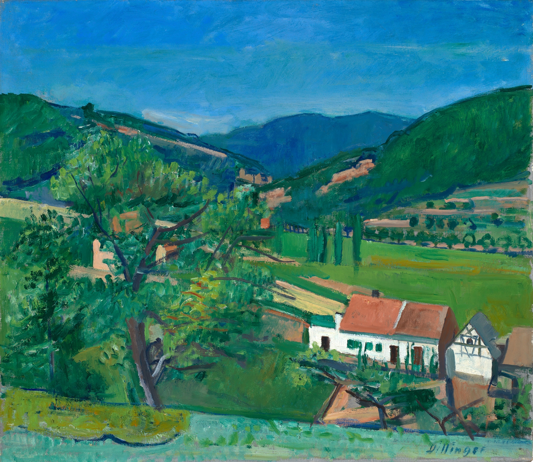Landscape view of hills and a valley in oil on canvas by Karl Dillinger