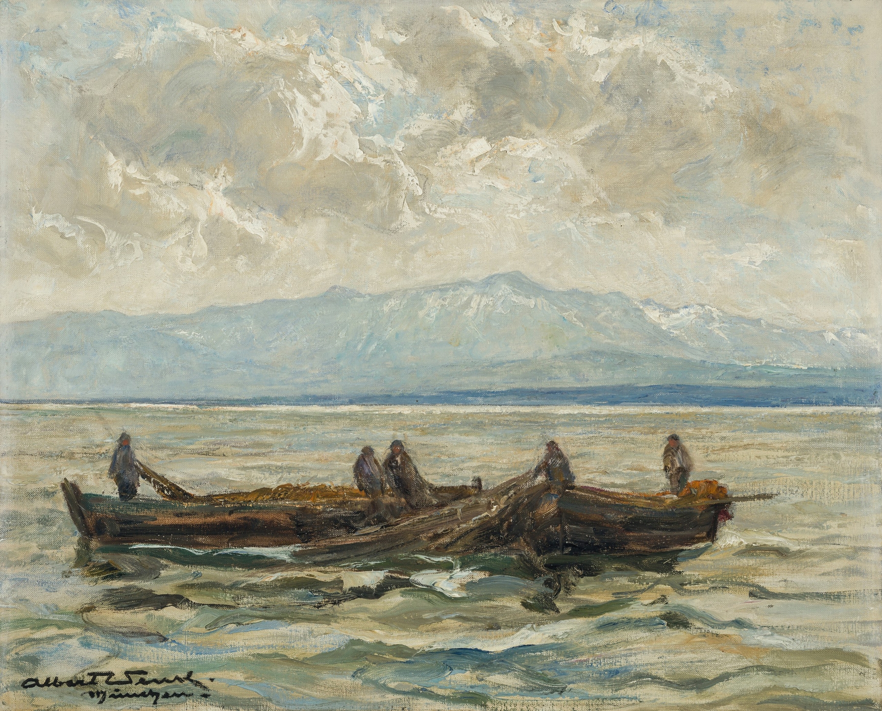 Expressionism artwork by Albert Wenk depicting a fisherman on Lake Constance