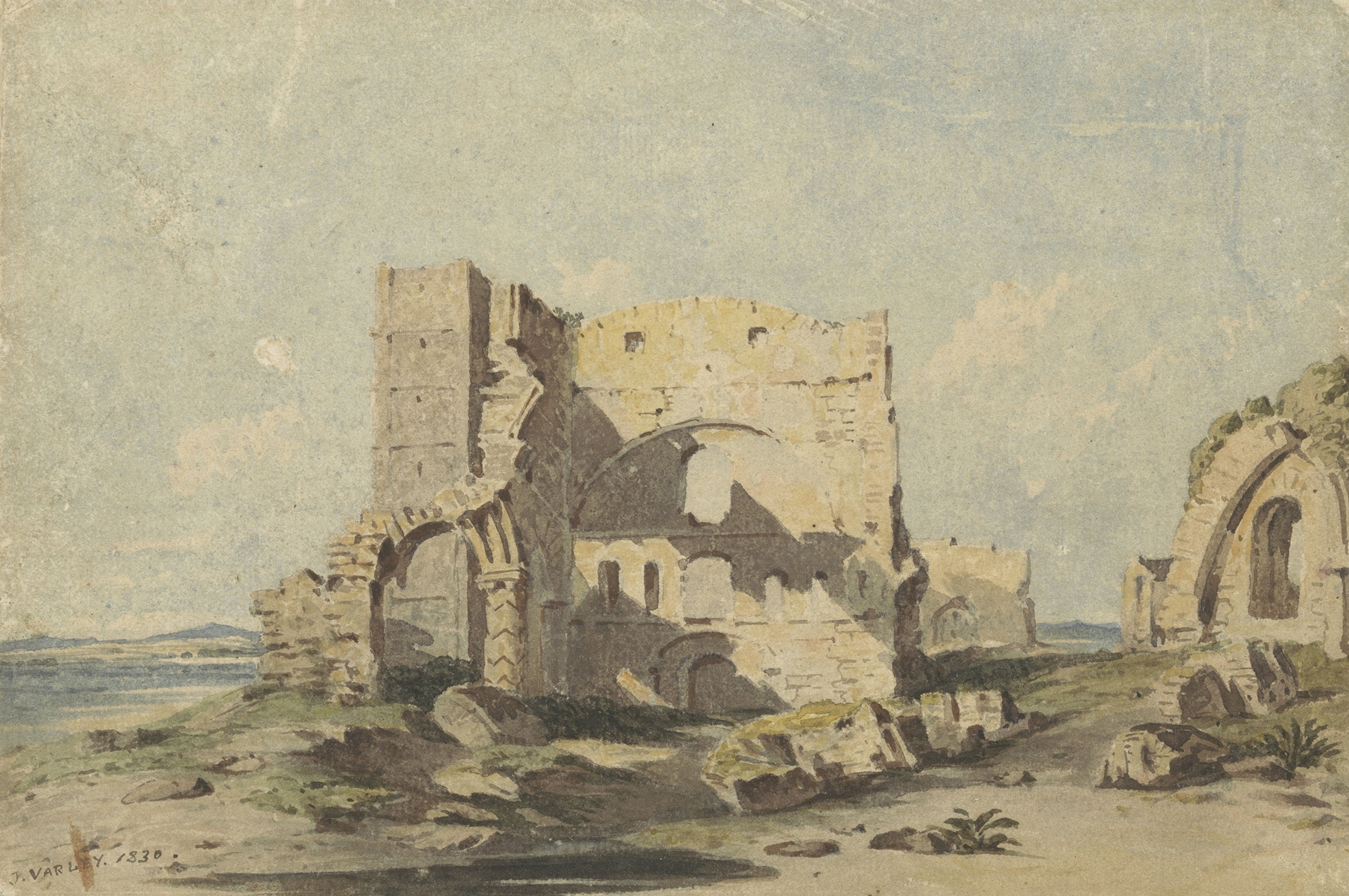 Lindisfarne Abbey op Holy Island, Northumberland, by John Varley, public domain
