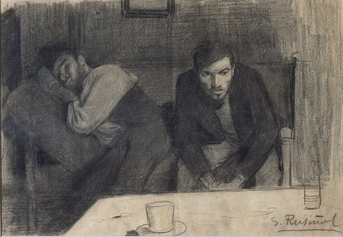 This painting depicts the sculptor Carles Mani and painter Pere Ferran in a detailed portrait.