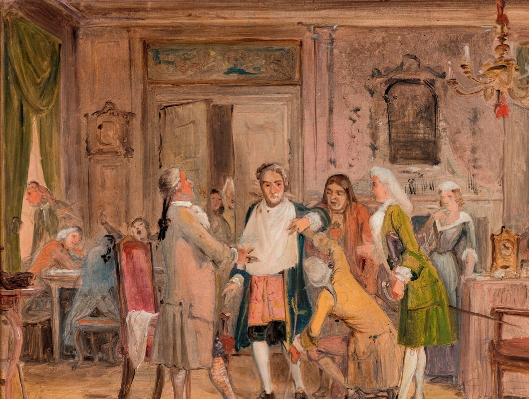 A sketch depicting a scene from Holberg's play, showcasing characters in a dramatic moment.