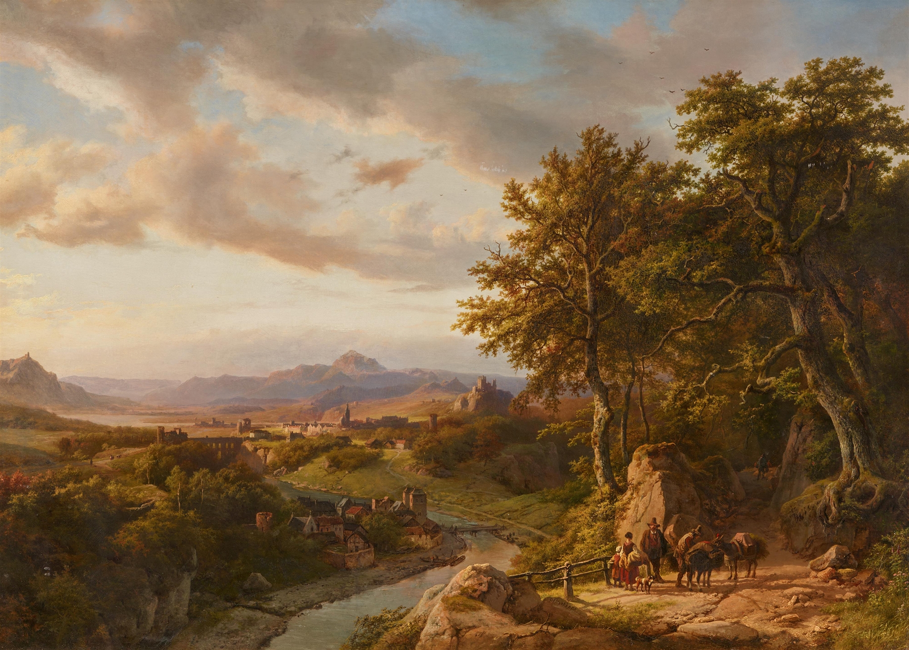 Oil painting by Barend Cornelis Koekkoek depicting lush hills and a river