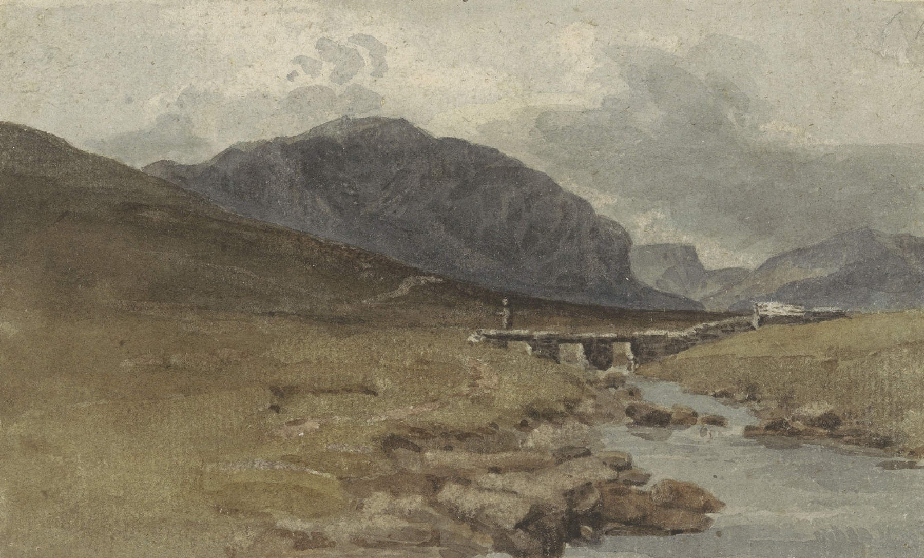 Landschap bij Llyn Ogwen, Caernarvonshire by Joshua Cristall, oil painting depicting a serene lake and distant hills.