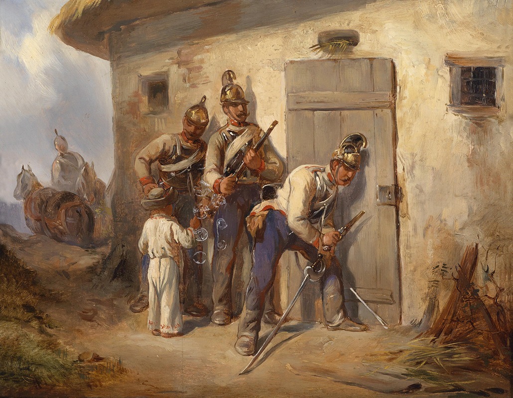 A historical painting depicting Austrian cavalry in a detailed and realistic manner.