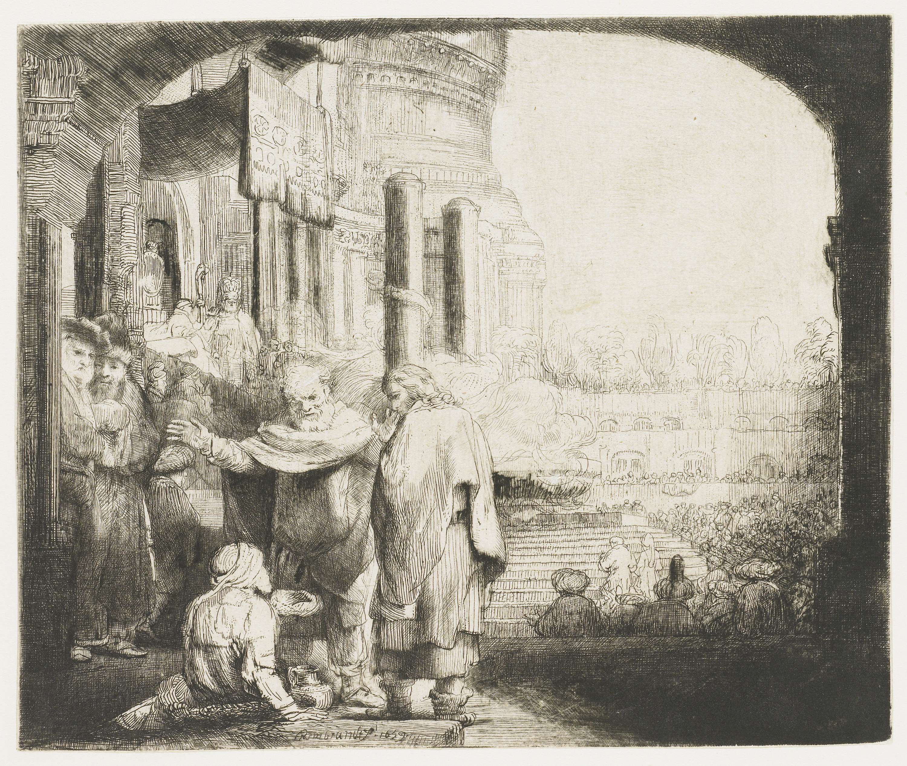 Etching by Rembrandt van Rijn depicting healing at the temple gate