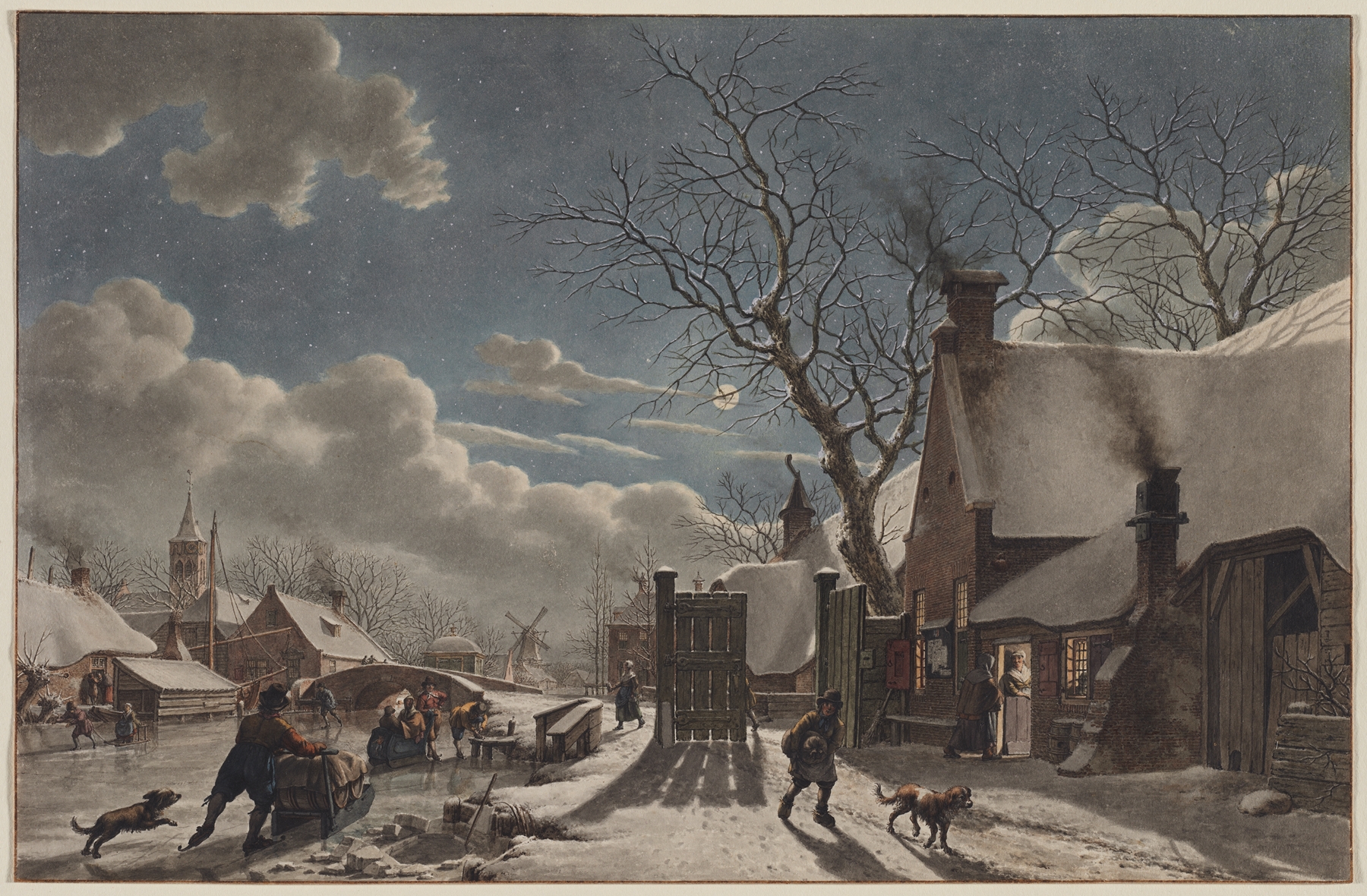 Winter Night in a Dutch Town by Jacob Cats, oil on canvas depicting a snowy village at twilight.