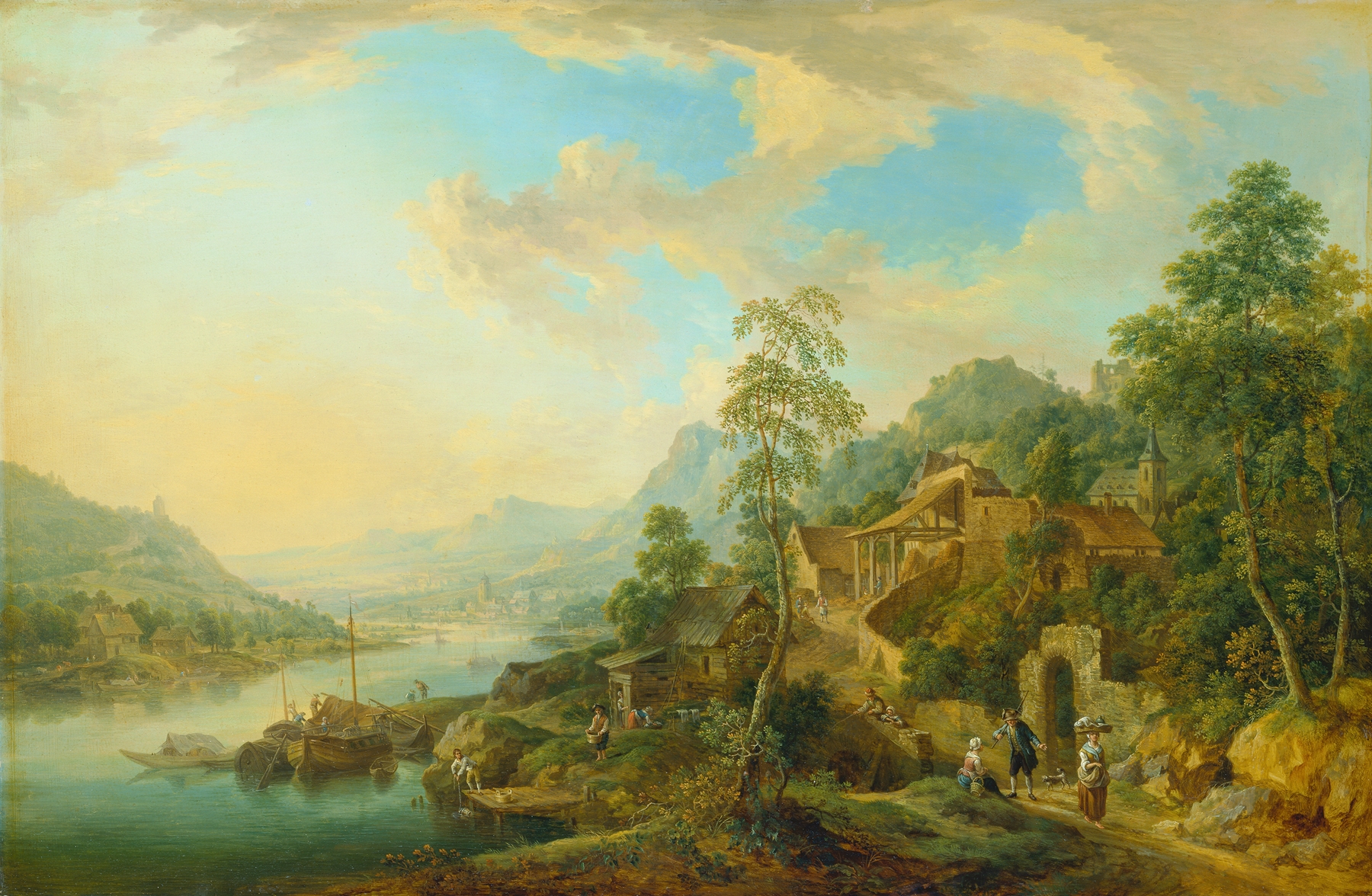 River Landscape in the Morning Light by Christian Georg Schütz the elder, depicting a tranquil river at dawn.