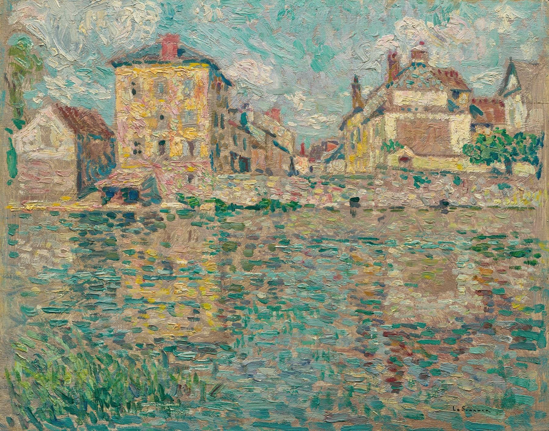 Landscape of Maisons au soleil sur la rivière by Henri Le Sidaner, oil painting