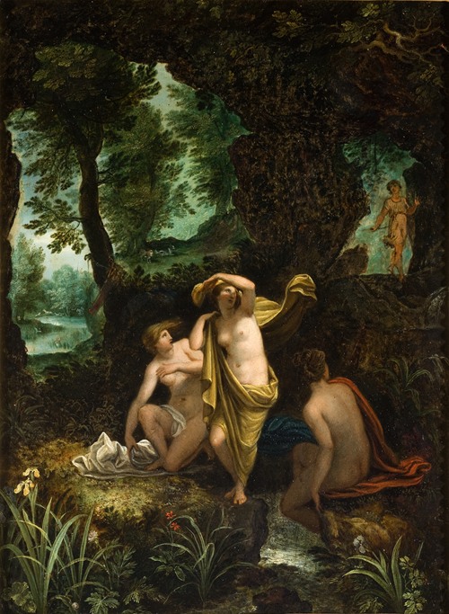 A detailed landscape featuring the mythological figures Diana and Acteon.