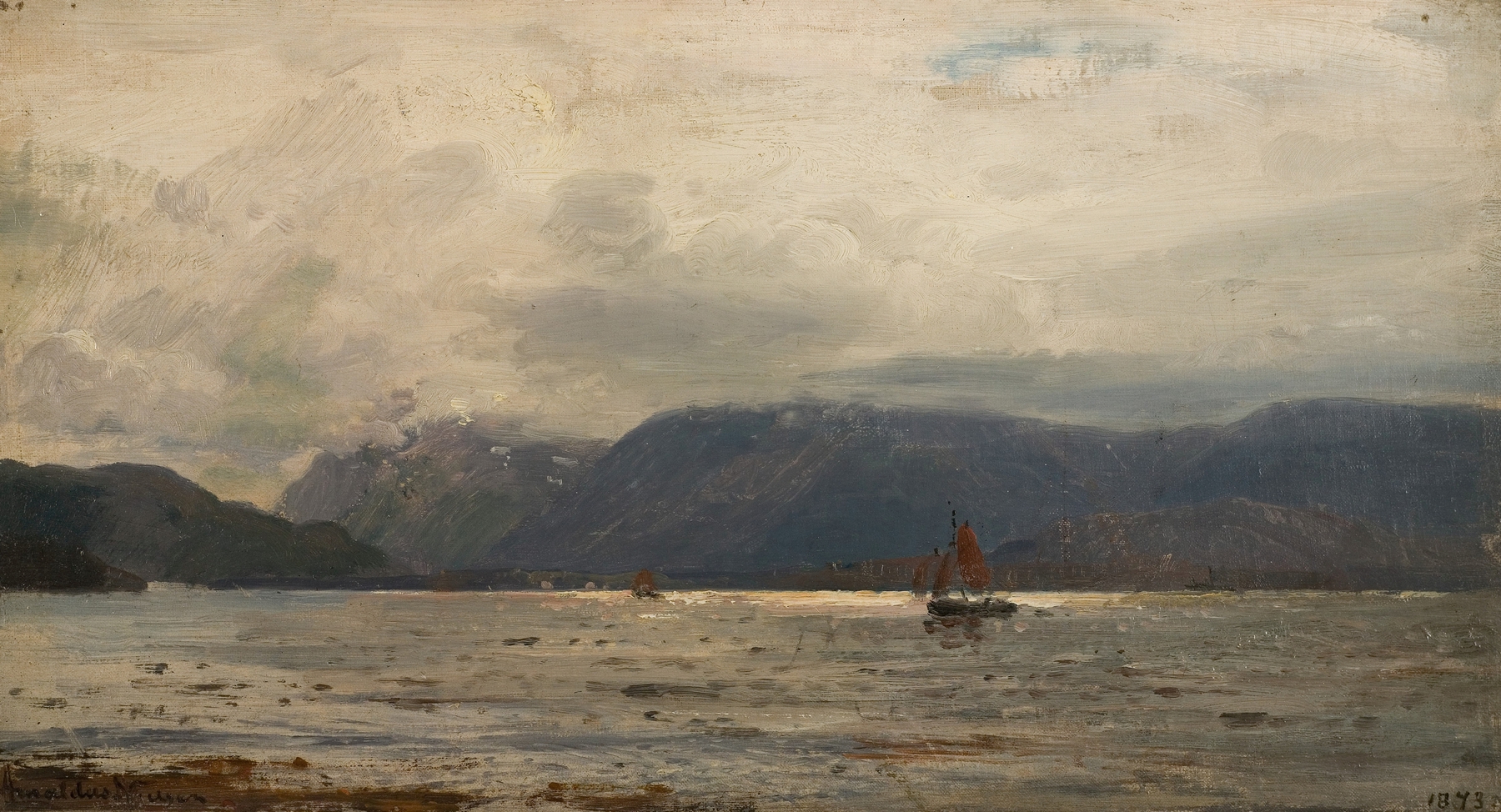 Marine scene with grey clouds and calm water by Amaldus Nielsen, oil painting