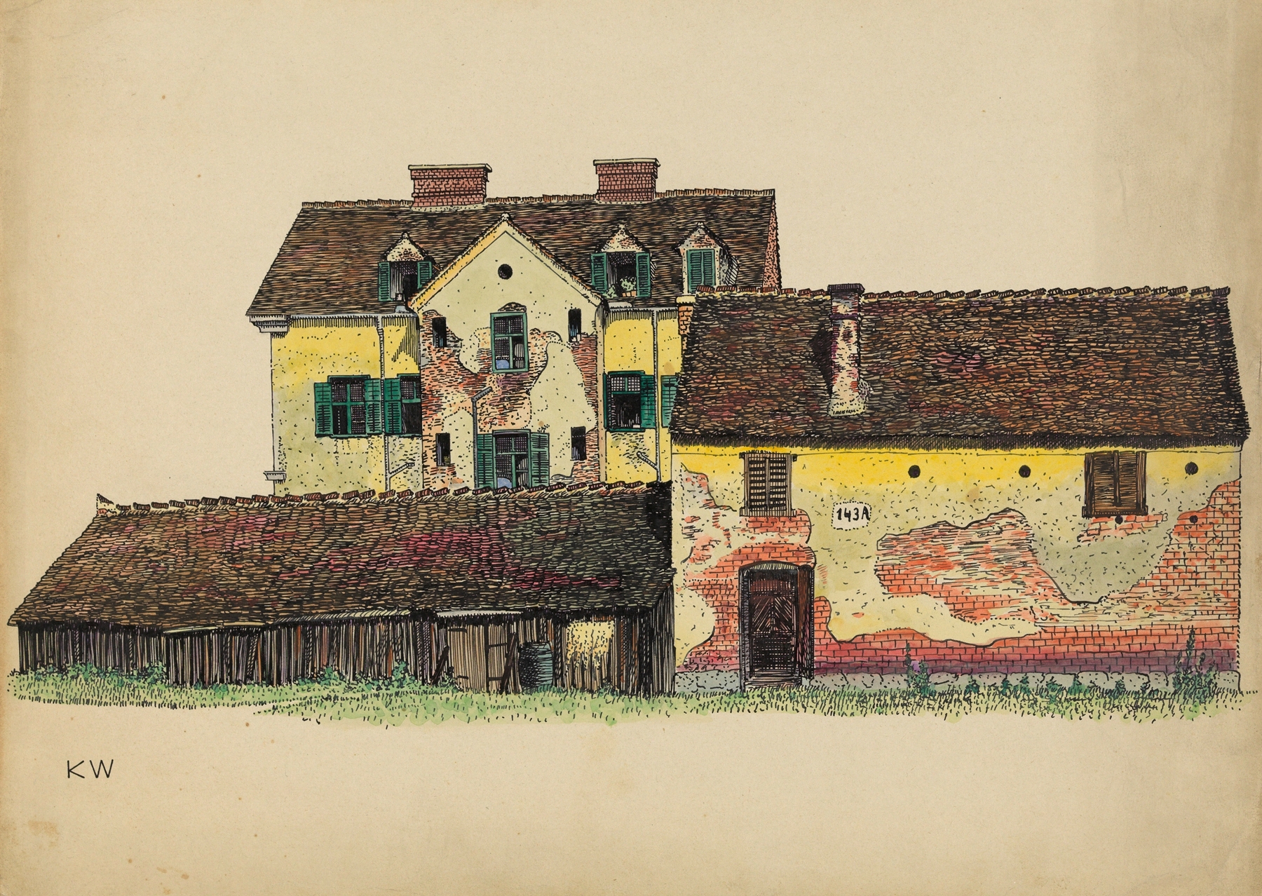 Landscape with houses and a wooden barn by Karl Wiener, Expressionism