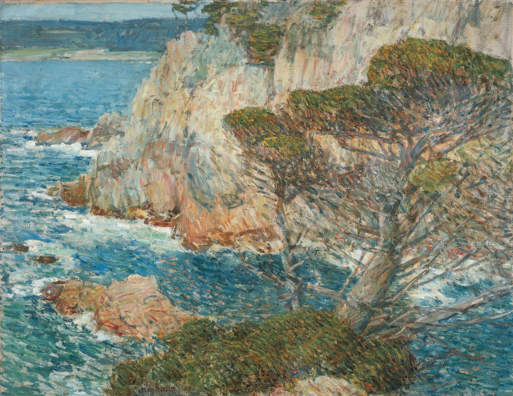 Point Lobos by Childe Hassam, oil on canvas depicting crashing waves and rocky shoreline