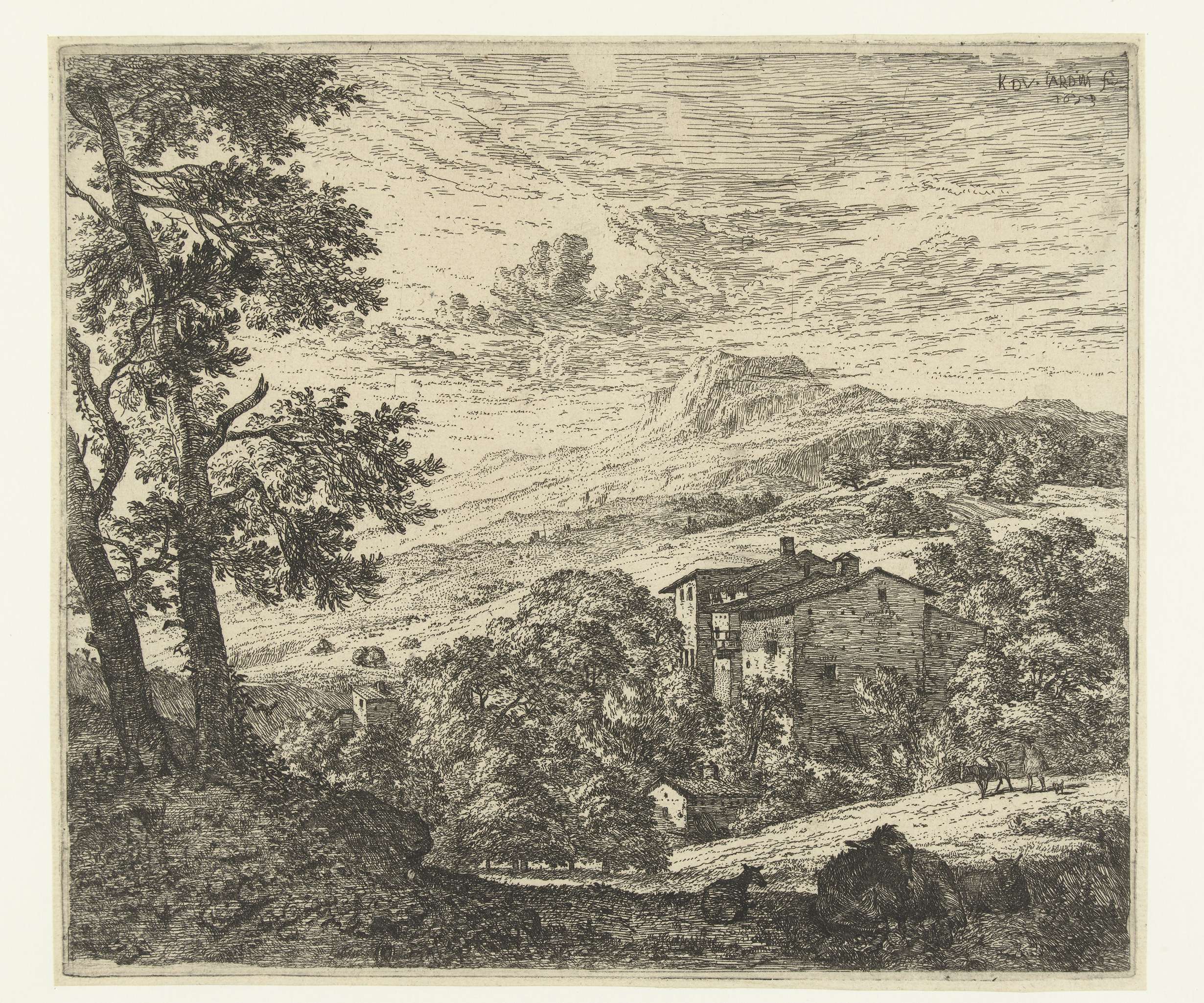 Heuvellandschap met huizen en ezel en twee schapen, etching by Karel du Jardin