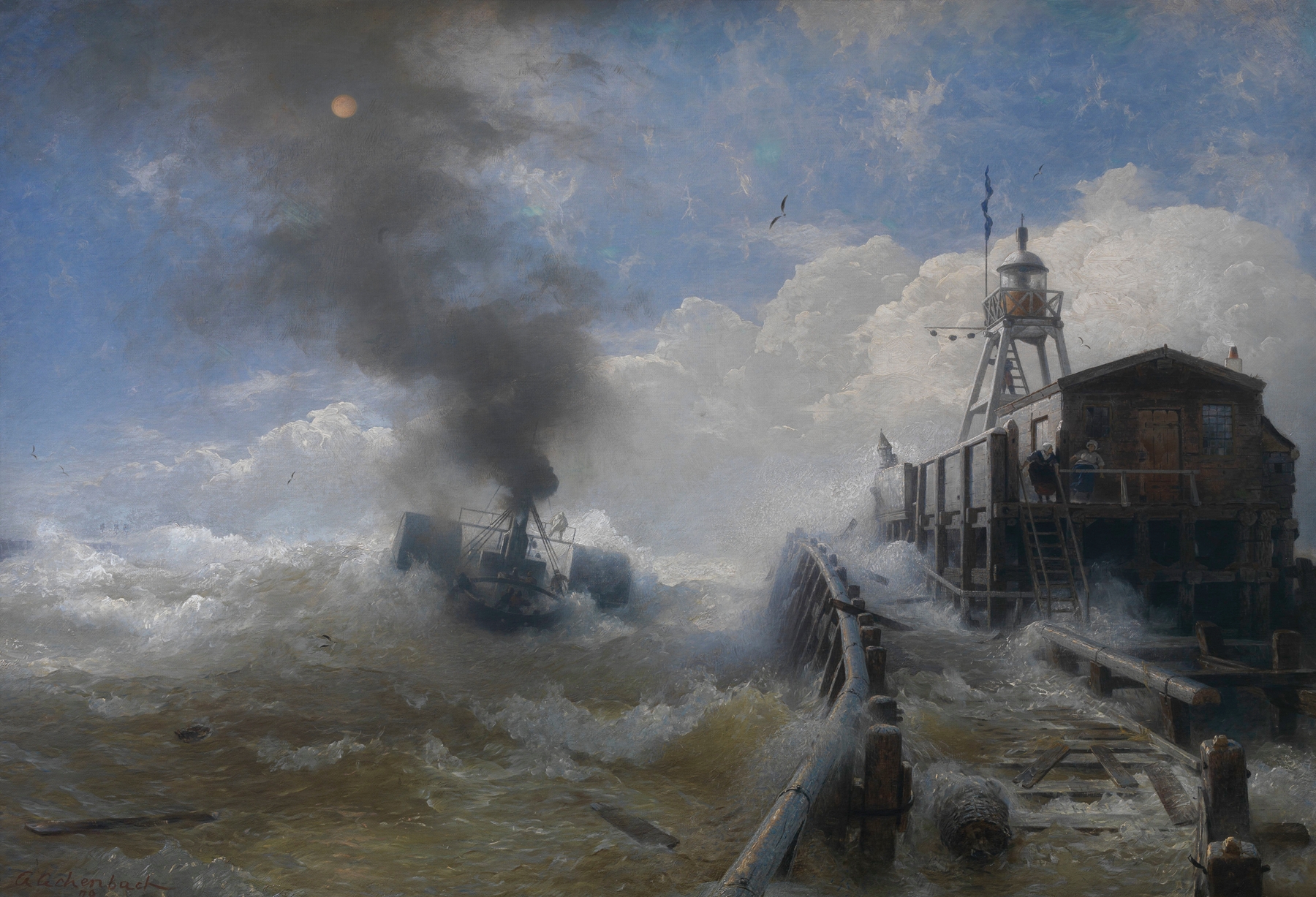 A Tug Leaving the Port of Ostend, by Andreas Achenbach, public domain