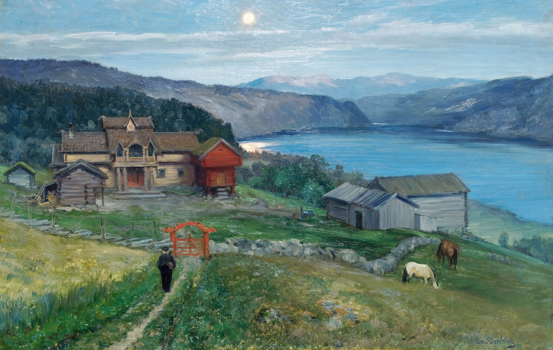 Landscape oil painting by Christian Skredsvig depicting a farm at sunset