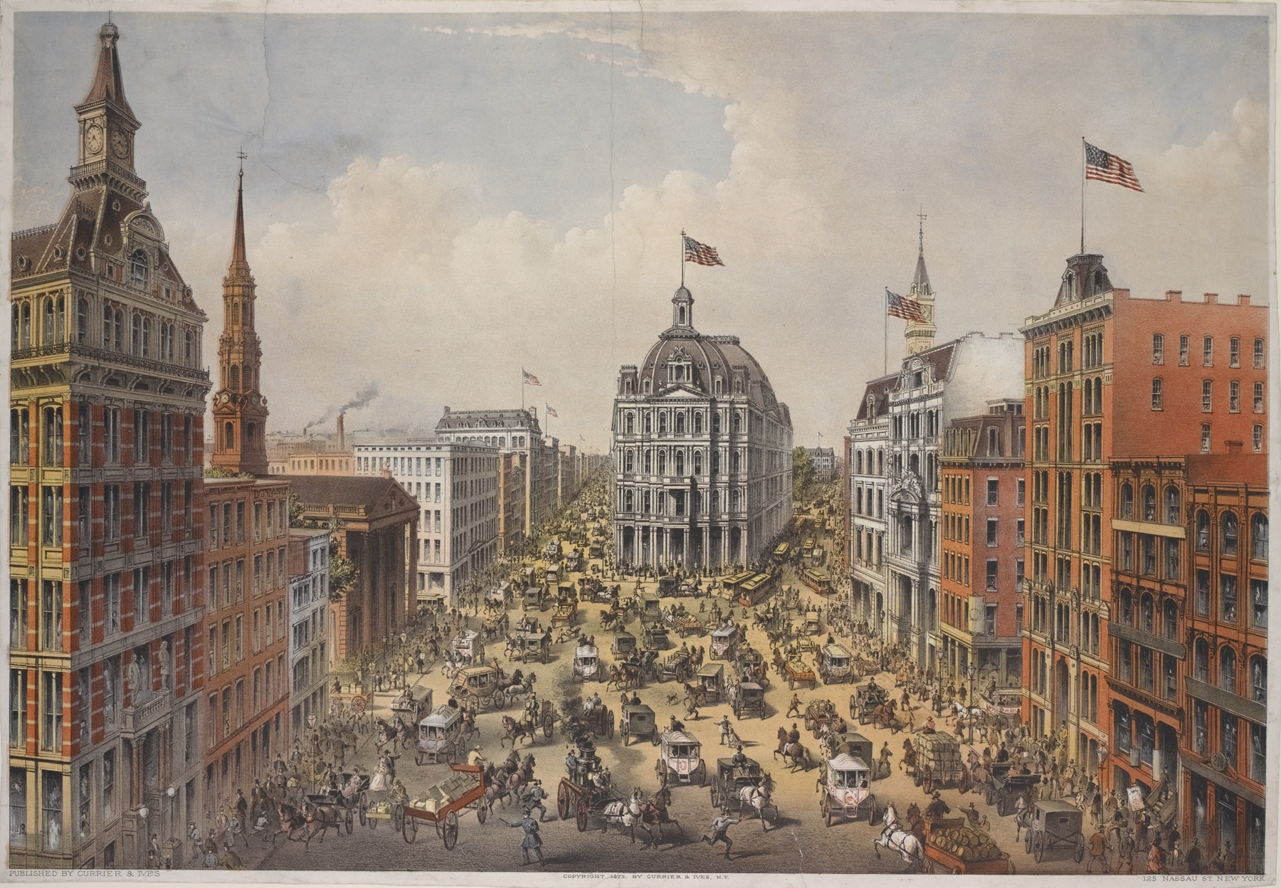 Lithograph by Currier & Ives depicting Broadway in 1875 with St. Paul's Cathedral and post office.