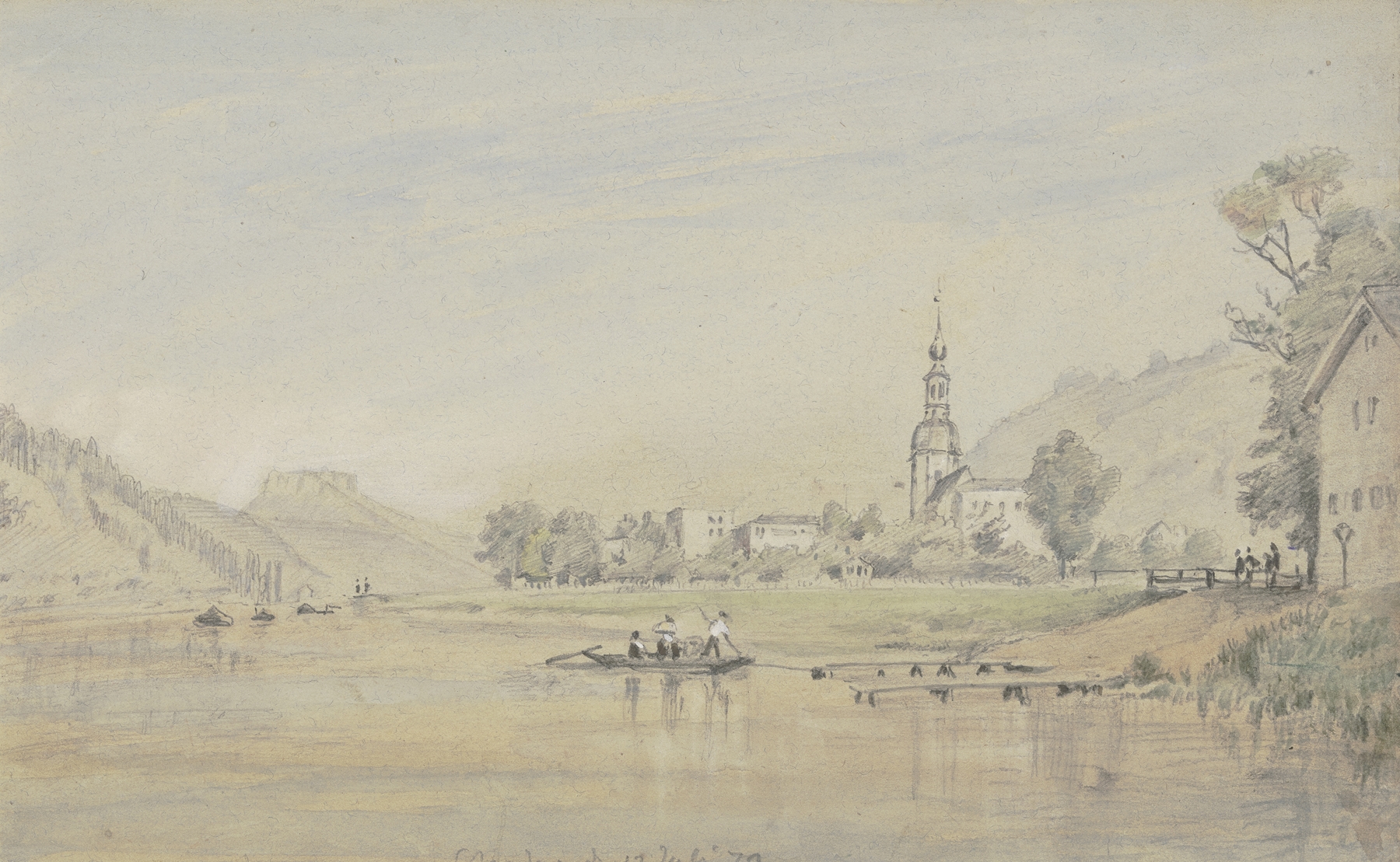 View of Schandau by Friedrich Eugen Peipers, oil on canvas, featuring a tranquil river and rolling hills.