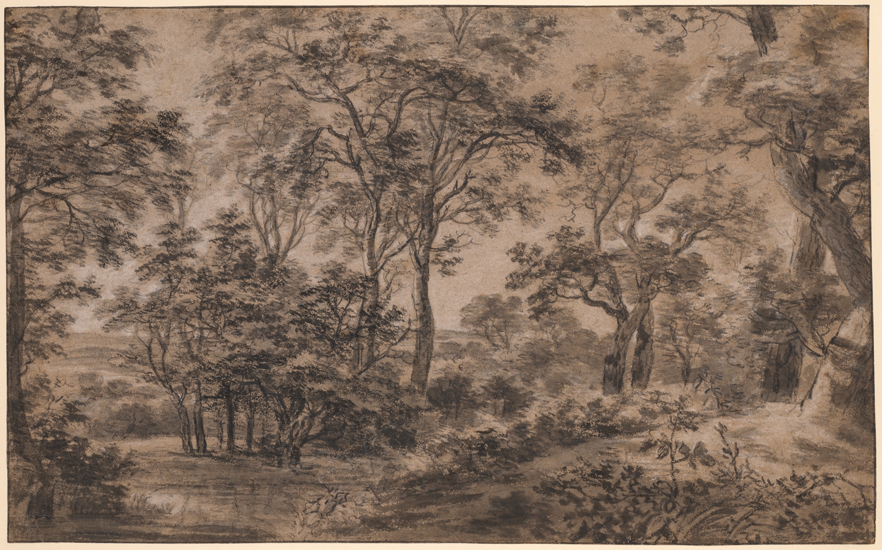 Wooded landscape by Antonie Waterloo, oil on canvas showing sunlight filtering through trees.