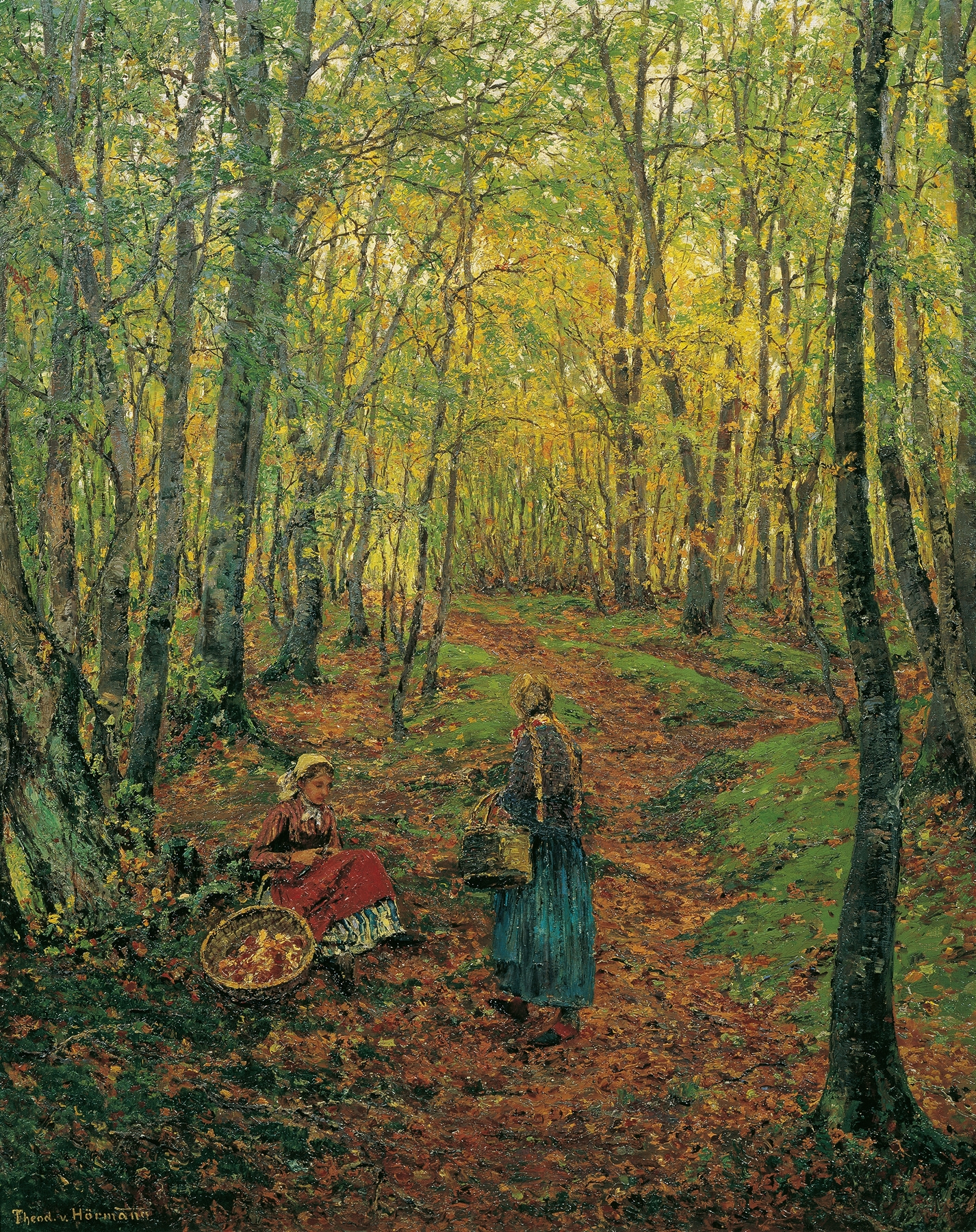 Genre scene of a girl foraging for mushrooms in a forest, Theodor Von Hörmann