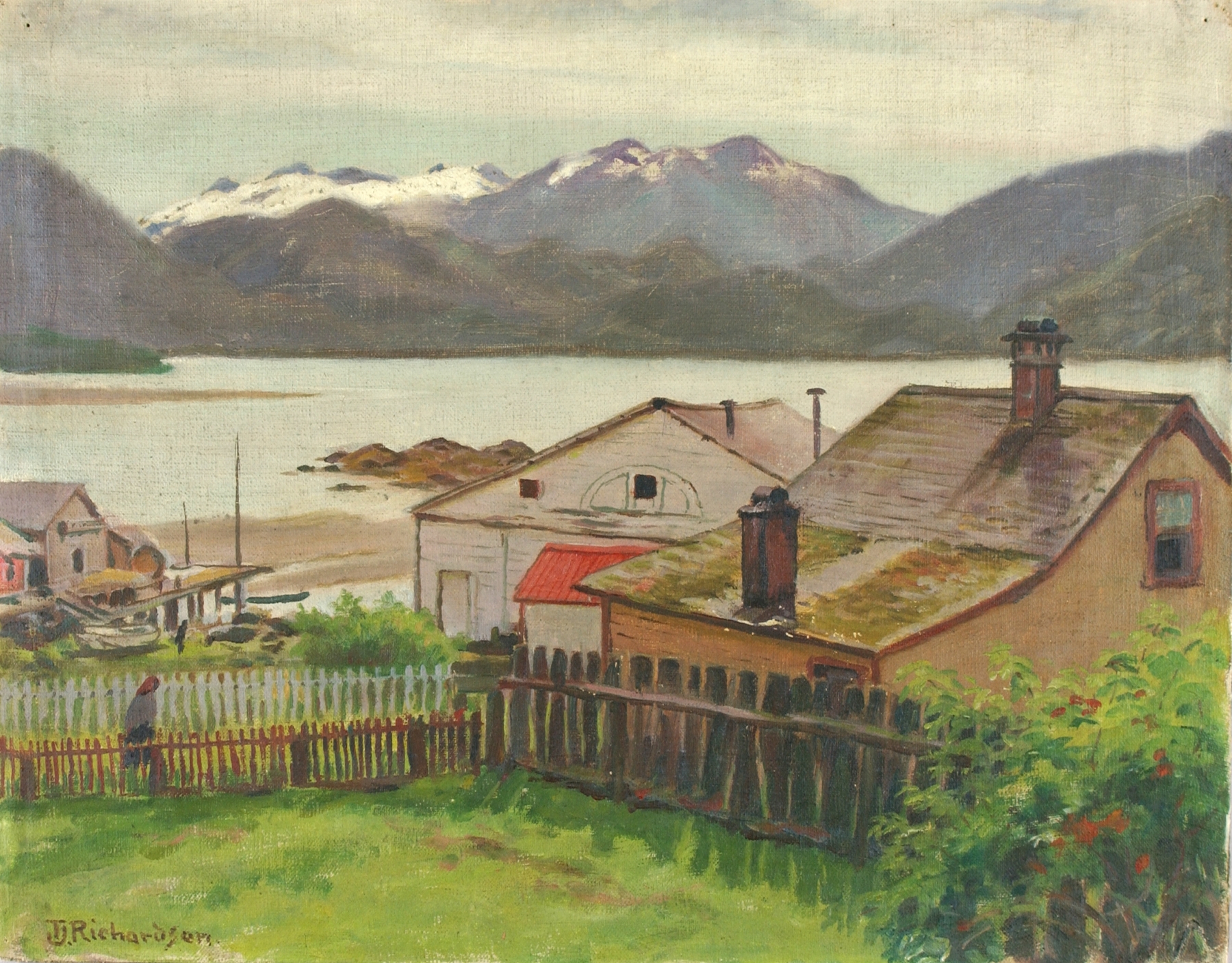 Landscape of Sitka with sunlit buildings and cobbled streets by Theodore J. Richardson, oil painting
