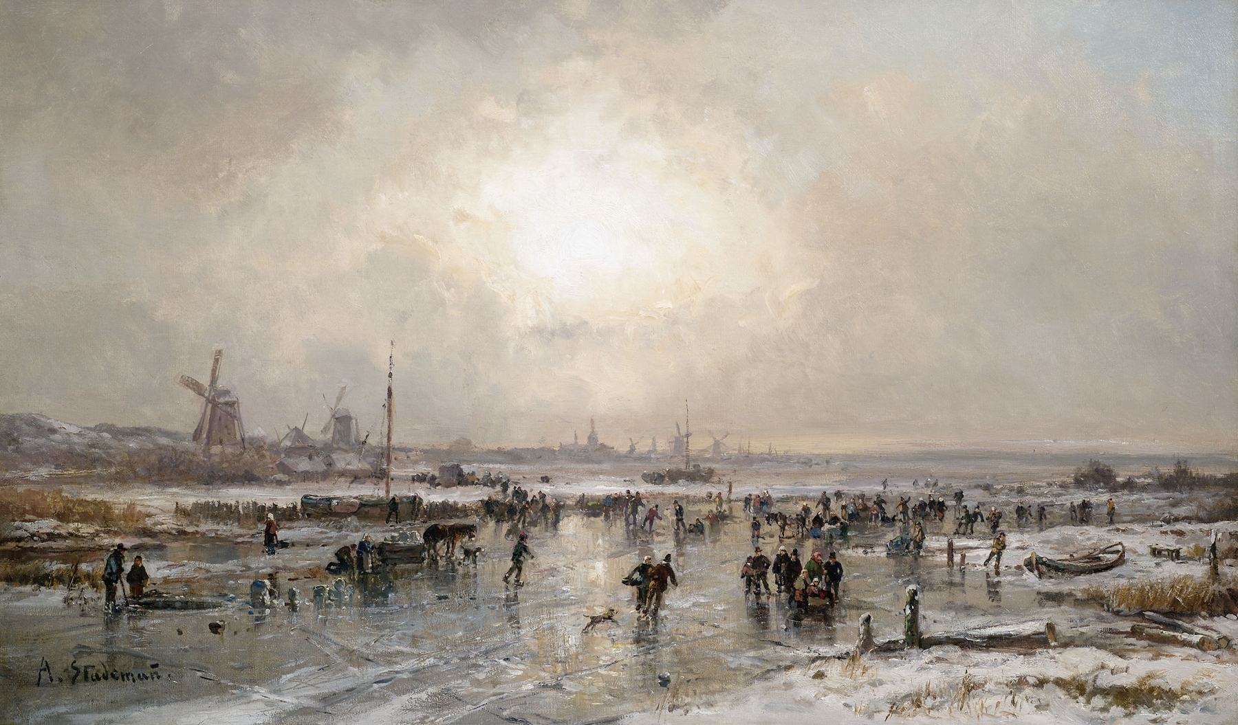 Winter scene with skaters on ice, oil painting by Adolf Stademann