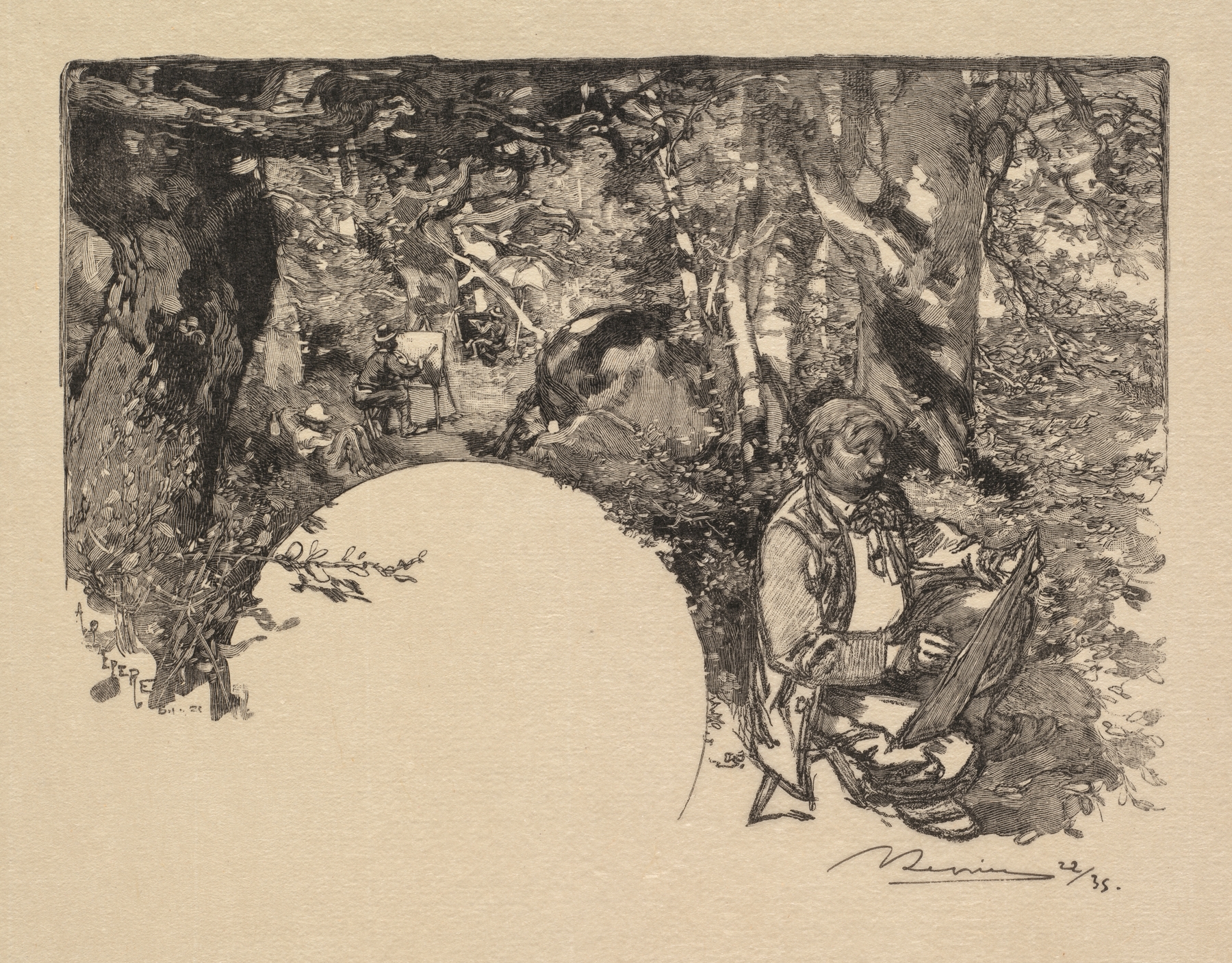 Engraving by Auguste Louis Lepère depicting artists at work with golden light