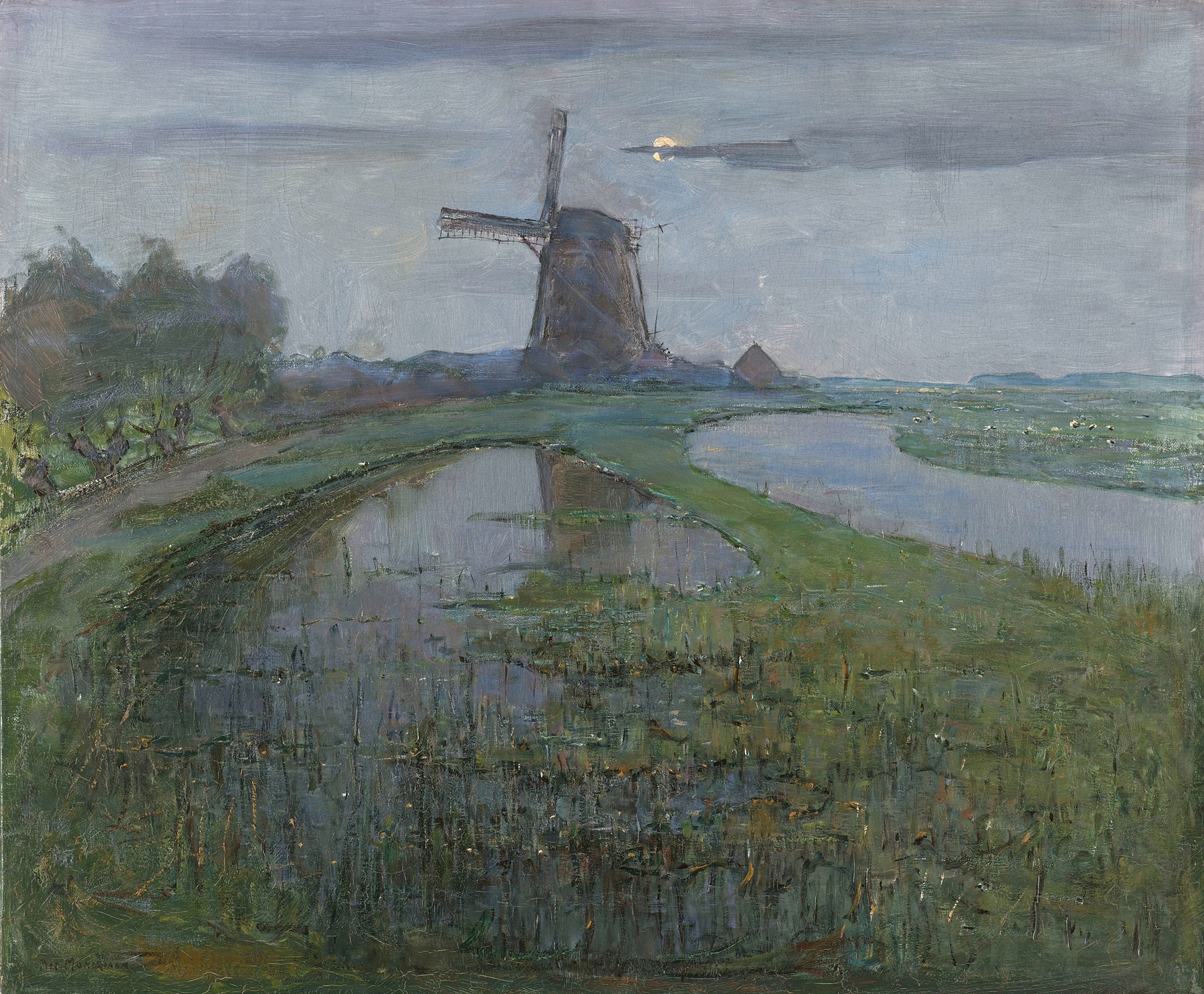 Oostzijdse Mill along the River Gein by Moonlight, by Piet Mondrian, public domain