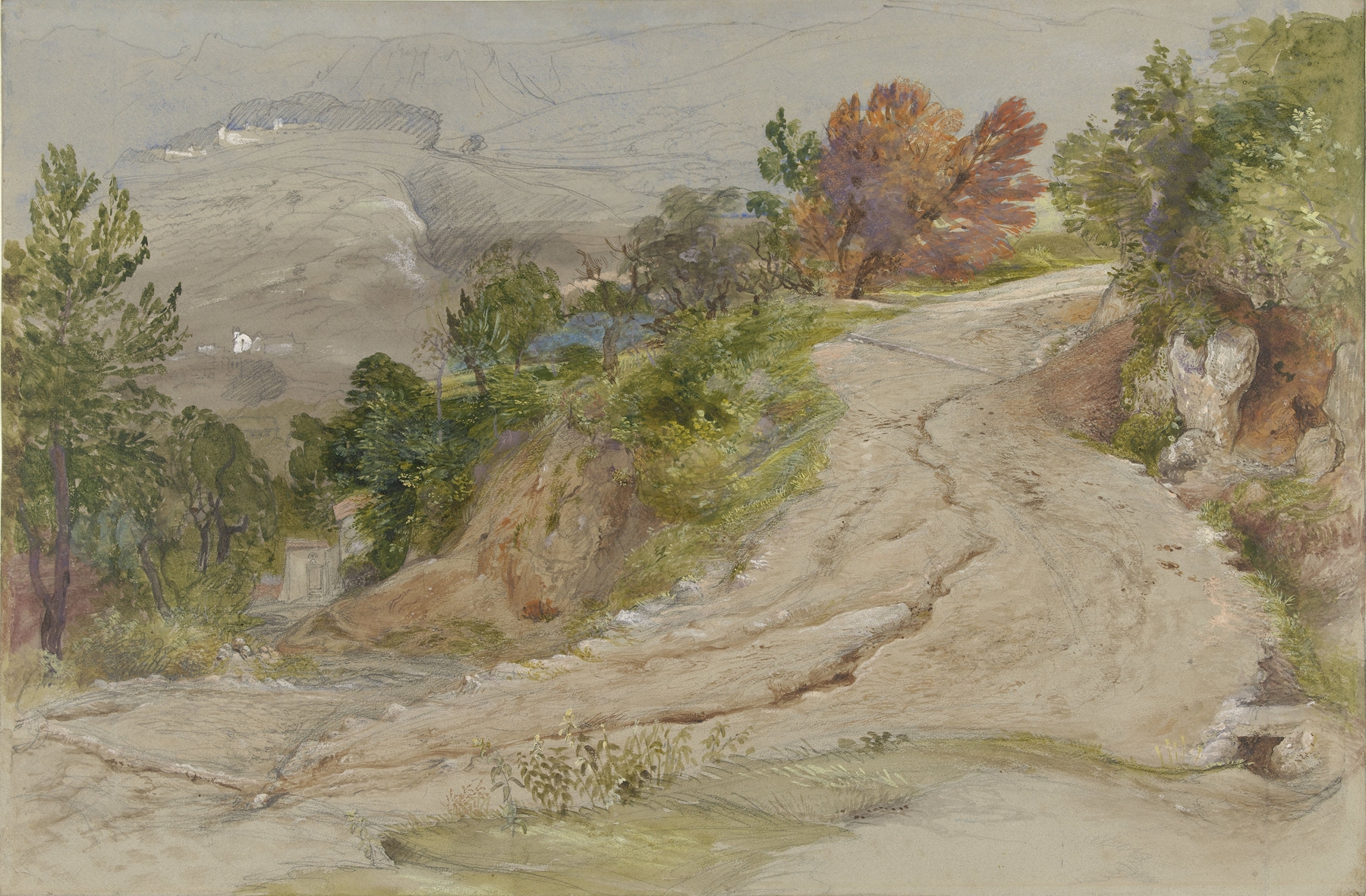 Watercolour by Samuel Palmer depicting a winding road in an Italian mountain landscape.