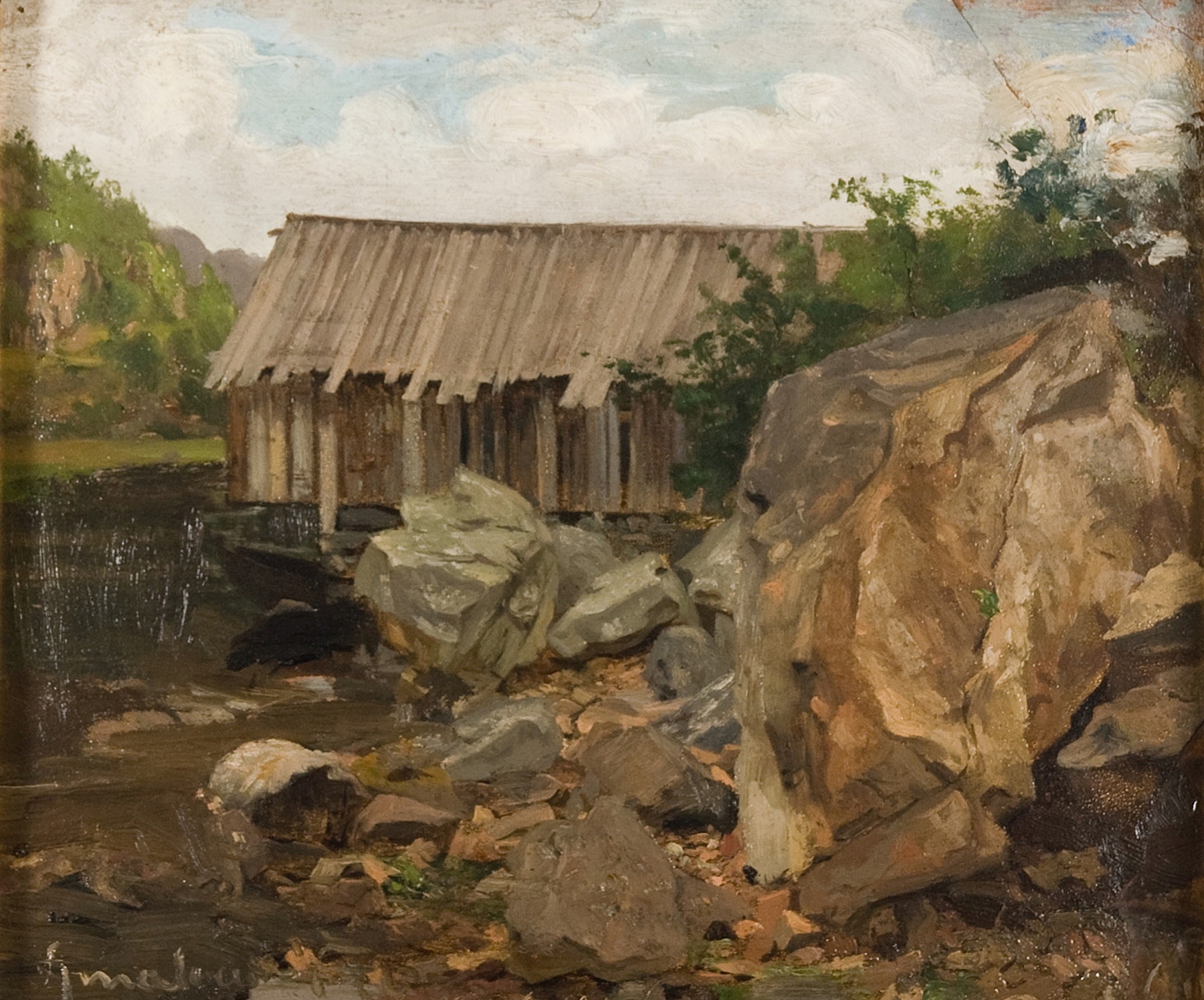 Landscape with dappled light and lush foliage by Amaldus Nielsen, oil painting