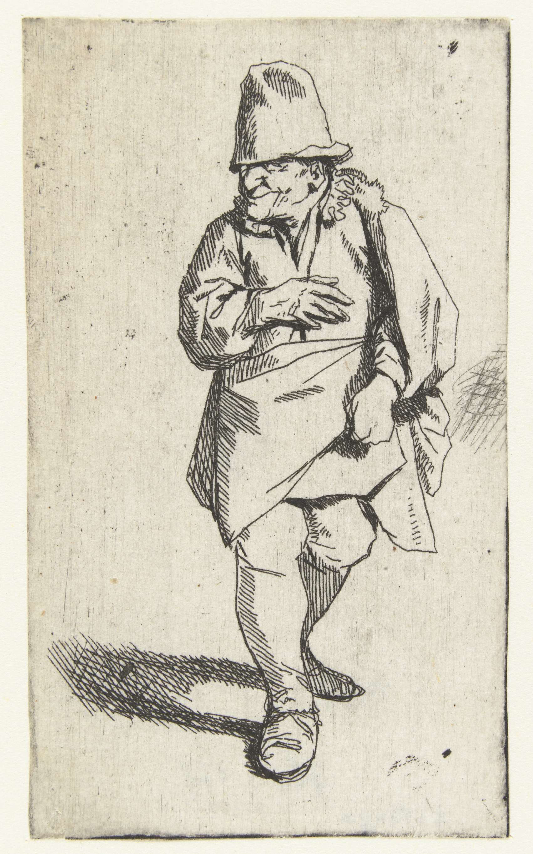 Portrait of a man in dark fabric, etching by Cornelis Pietersz. Bega