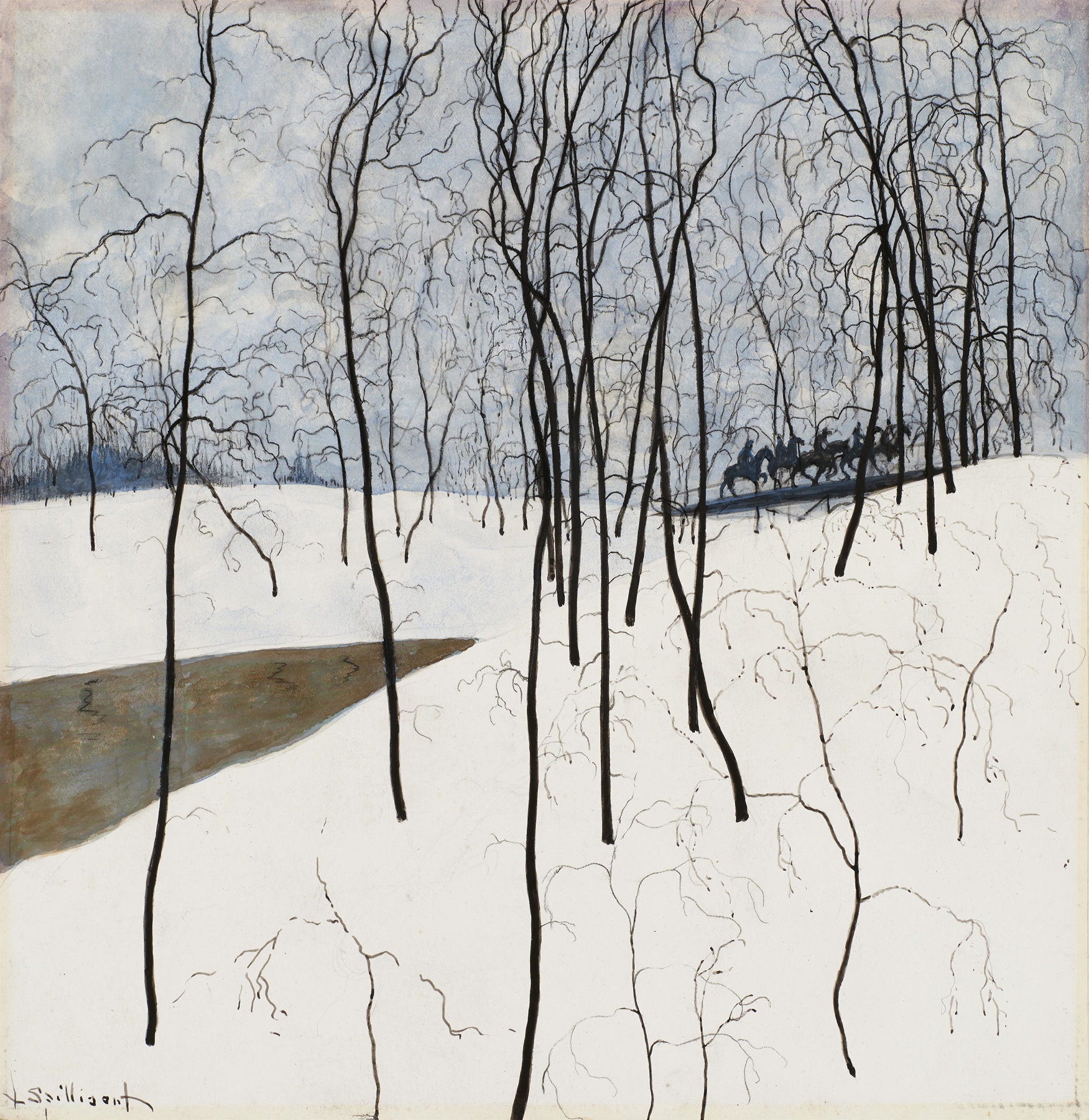 Les Cavaliers dans la neige, oil on canvas by Léon Spilliaert, features ghostly horsemen in a snowy landscape.
