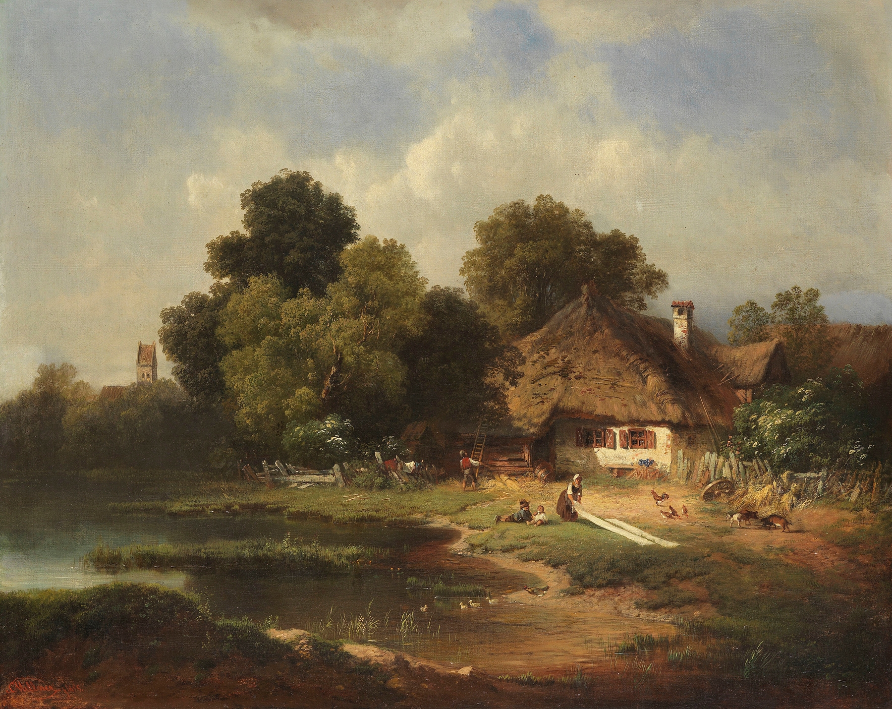 Landschaft mit Bauernhof by Carl Millner, oil painting depicting a rural landscape with a farmhouse.