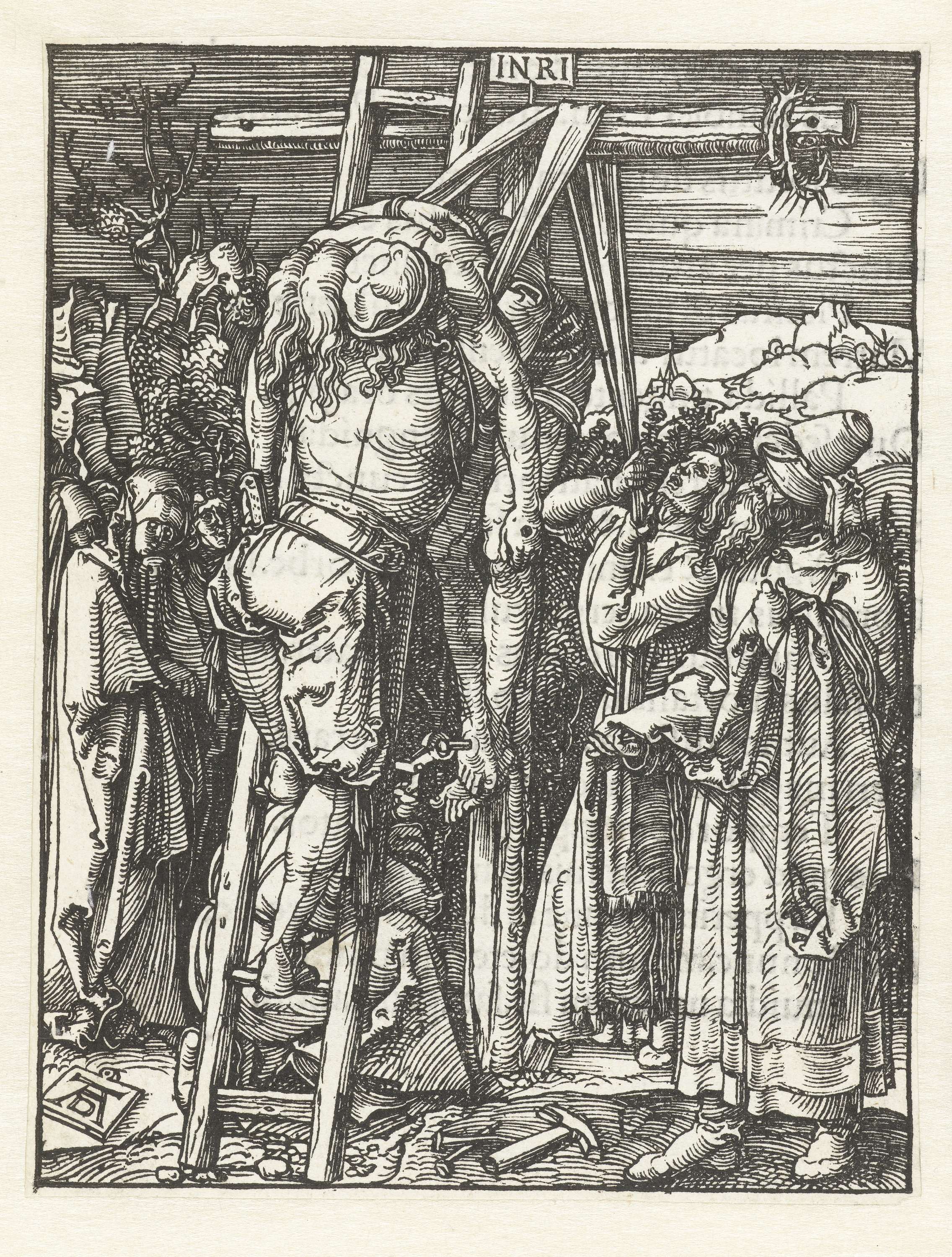 Kruisafneming by Albrecht Dürer, woodcut depicting Christ's lifeless body in a religious scene