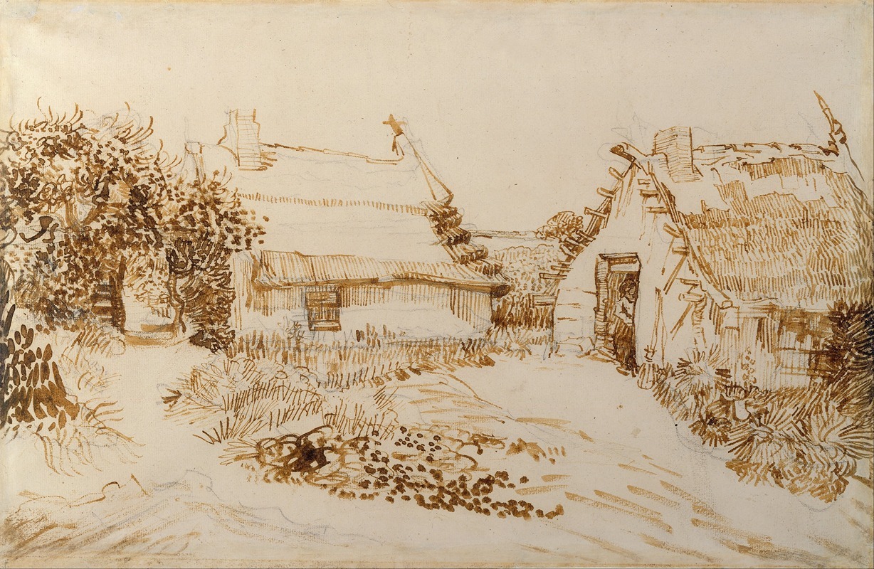 Vincent van Gogh's 'Two Cottages at Saintes-Maries-de-la-Mer' depicts rustic charm in a vibrant landscape.