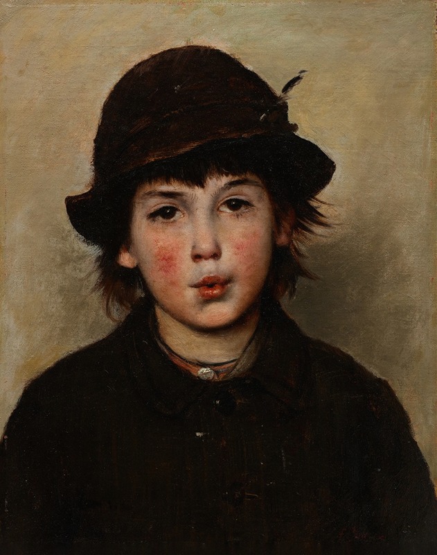 A young boy whistling while standing outdoors, capturing a moment of innocence.