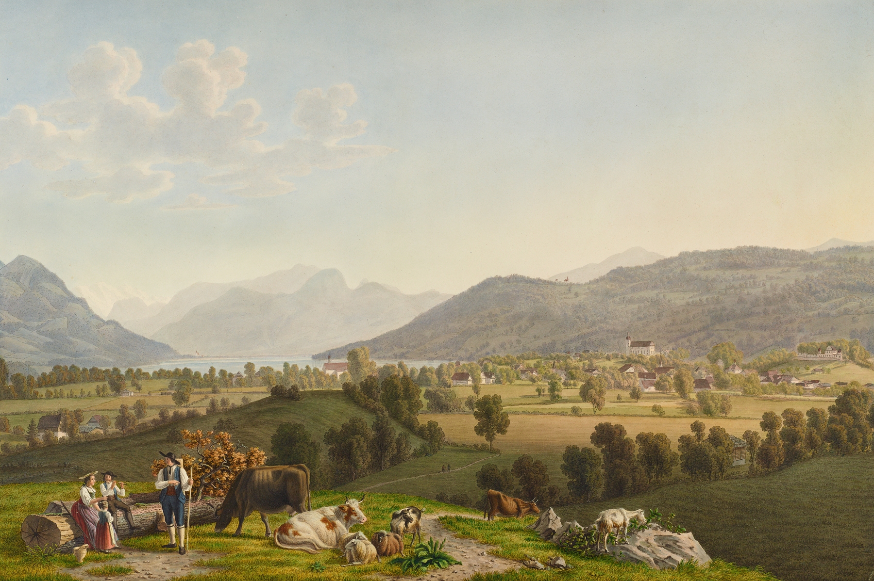 Vue de Sarnen, oil on canvas by Johann Jakob Biedermann, depicting a serene lake and mountains under a cloudy sky.