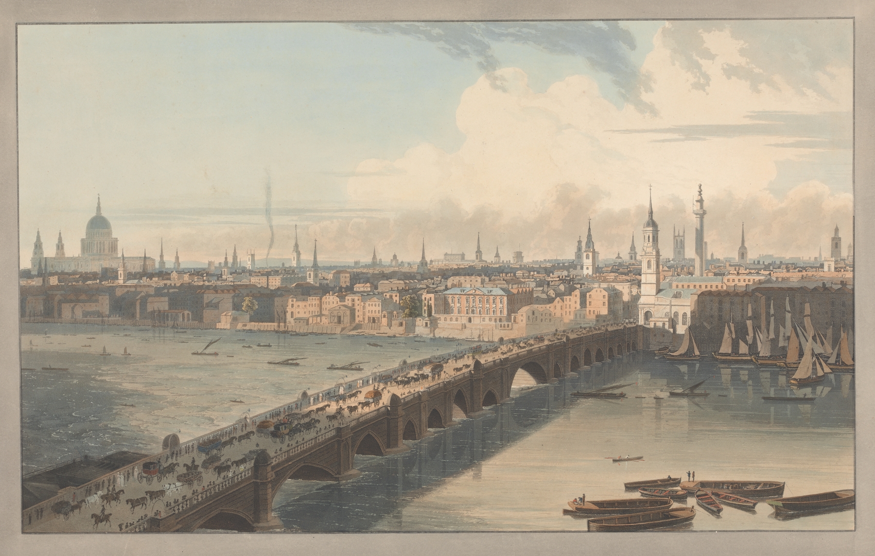 London Bridge by William Daniell, Romanticism, depicting a tranquil landscape with soft hues.
