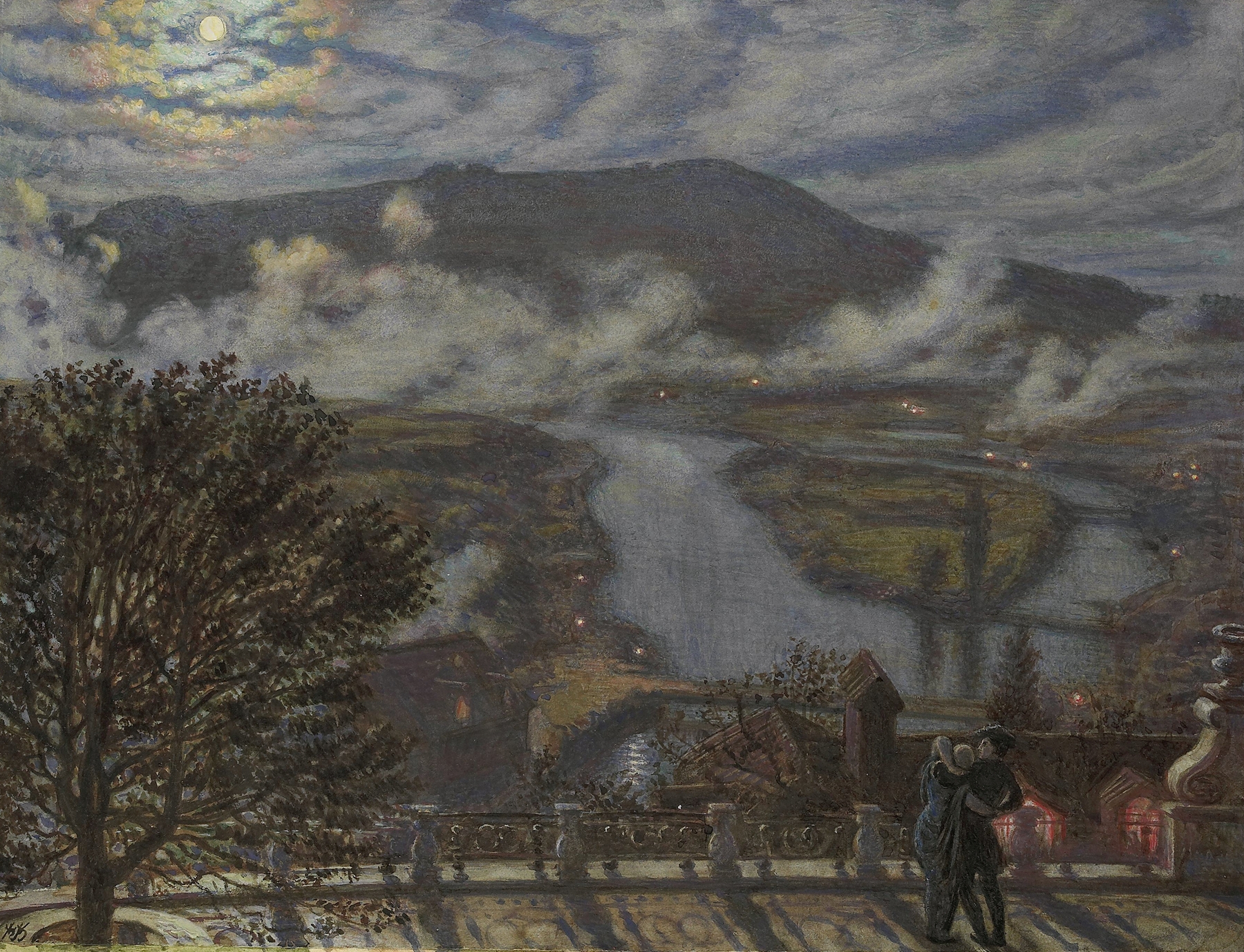 River landscape at night with moonlight, oil on canvas by William Holman Hunt