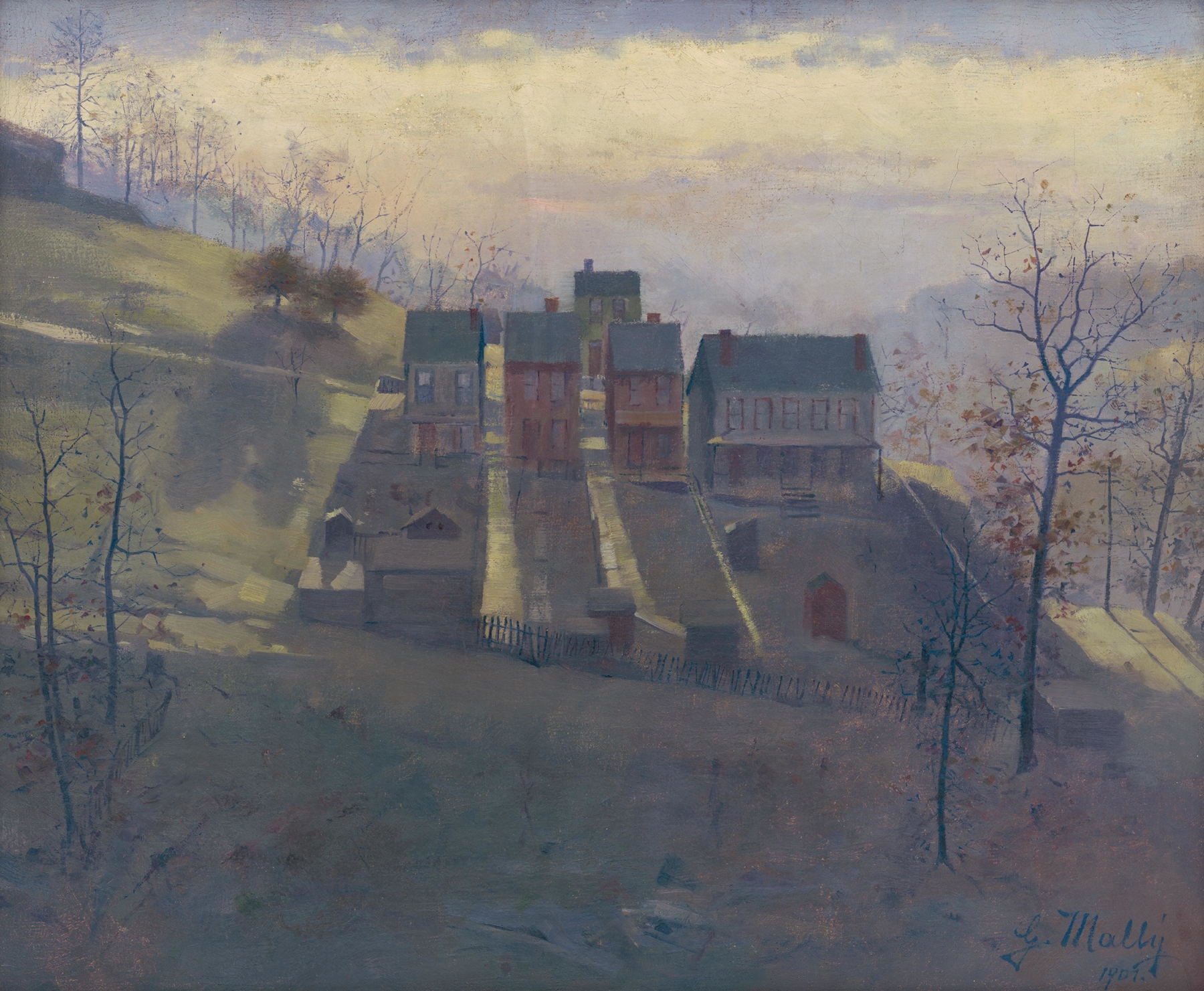 American Landscape by Gustáv Mallý, realism, depicting rolling hills and soft light.