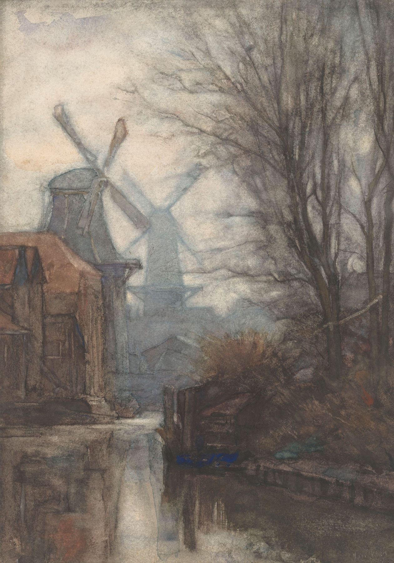 Landscape with windmills and river, oil painting by Jan Veth