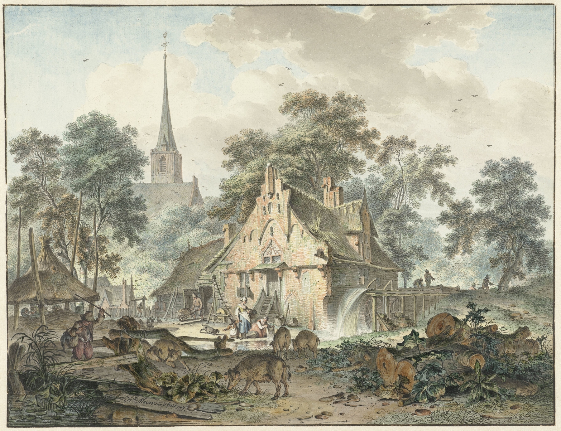 Watermolen en dorpskerk by Hendrik Meijer, oil on canvas depicting a tranquil village landscape