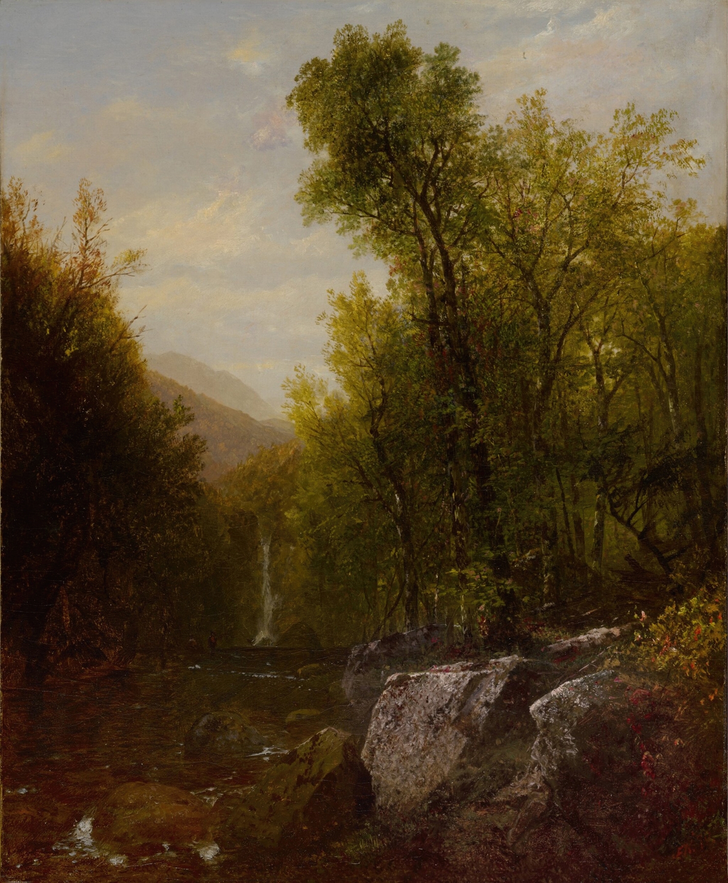 Fishing Near A Forest Waterfall, oil painting by John Frederick Kensett