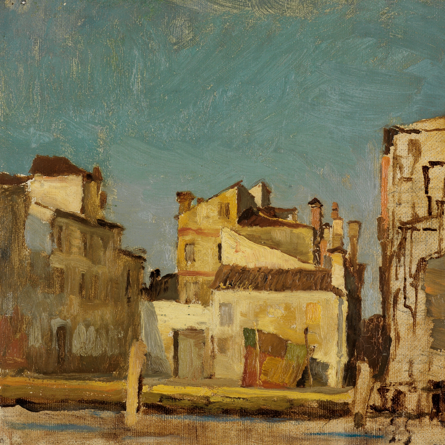 Realism oil painting by Gustav Schönleber depicting Venetian houses along a canal
