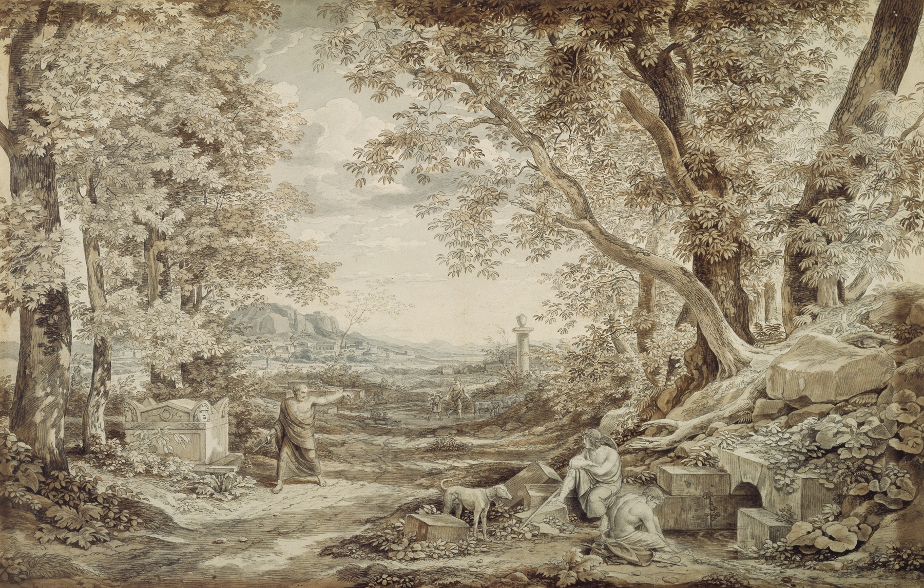 Landschaft mit antiken Denkmälern by Johann Christian Reinhart, oil on canvas depicting a serene landscape.