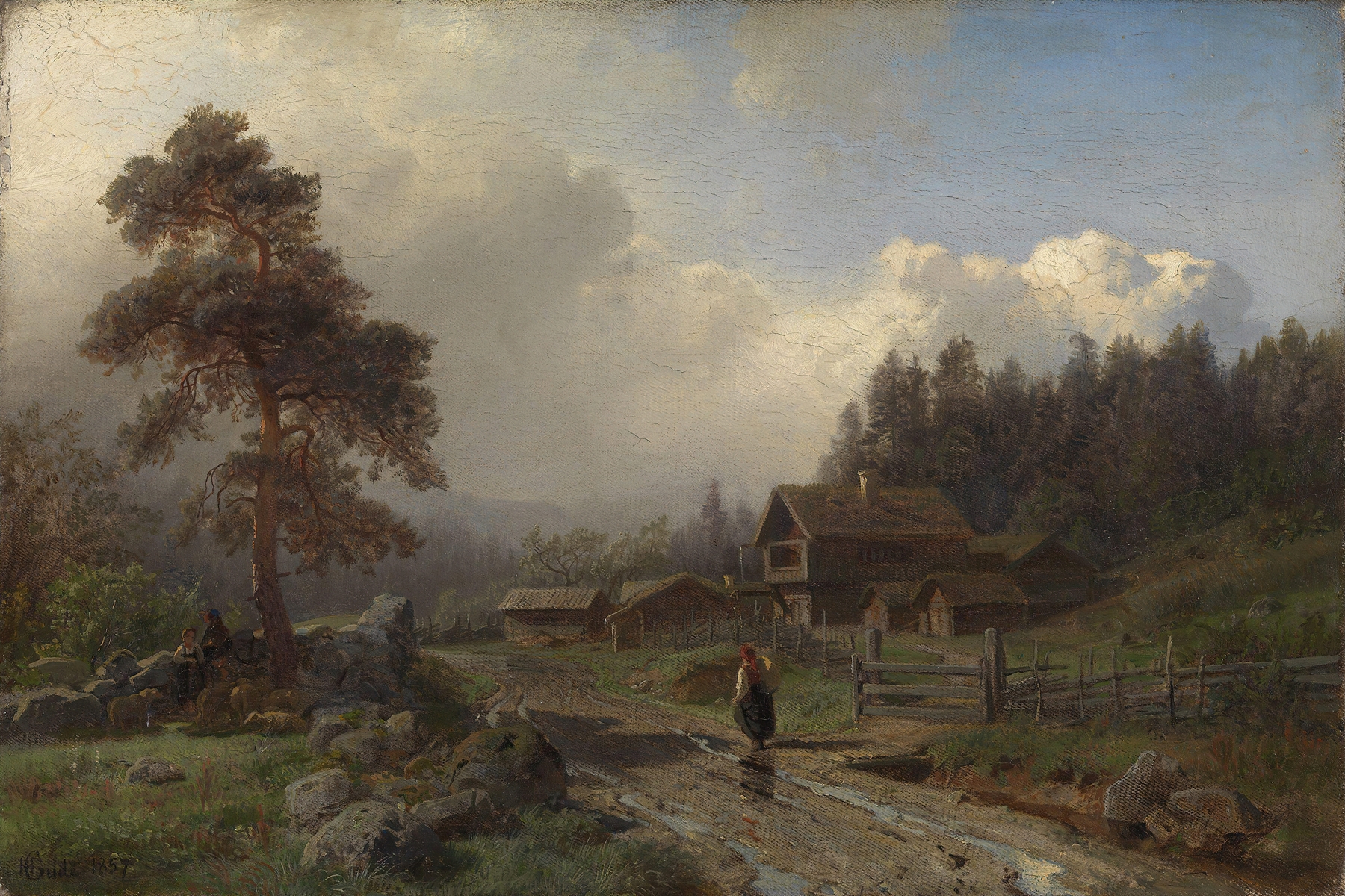 Norwegian Landscape in Rain, by Hans Gude, public domain
