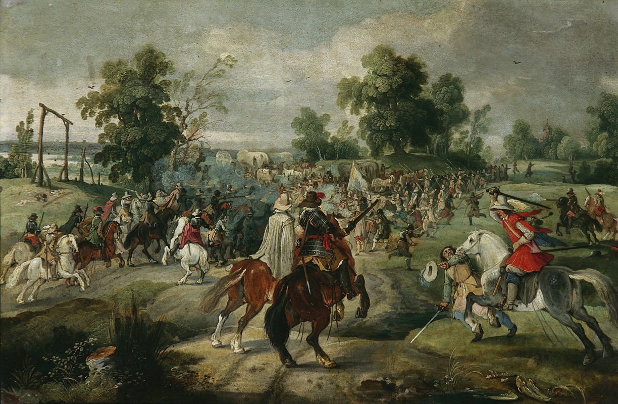 Sebastian Vrancx's 'Attack on a convoy' depicts a dramatic historical scene.